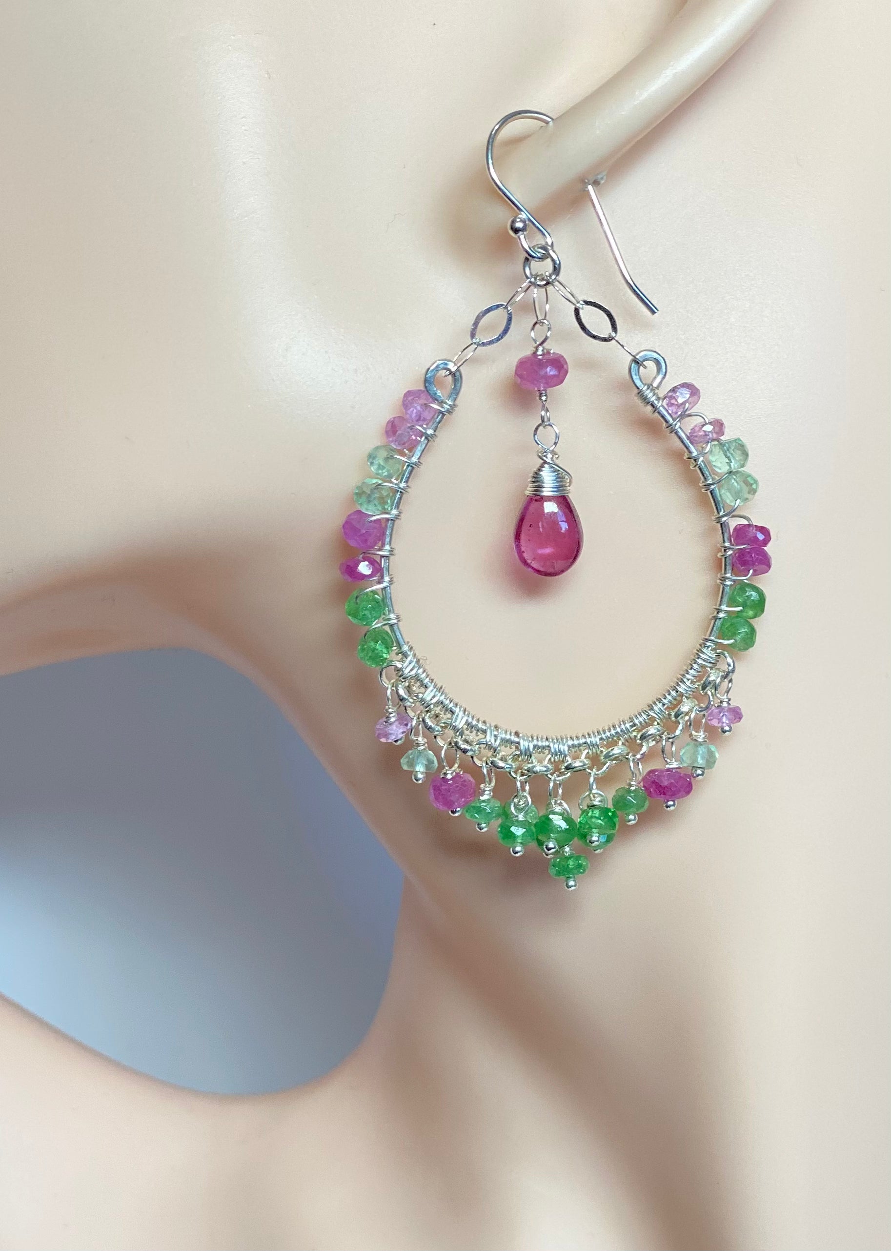 14K Sterling Silver Pink Sapphire & Tsavorite Gemstone Hoop Earrings for Women – Elegant Dangling Earrings for Parties, Weddings & Everyday Wear