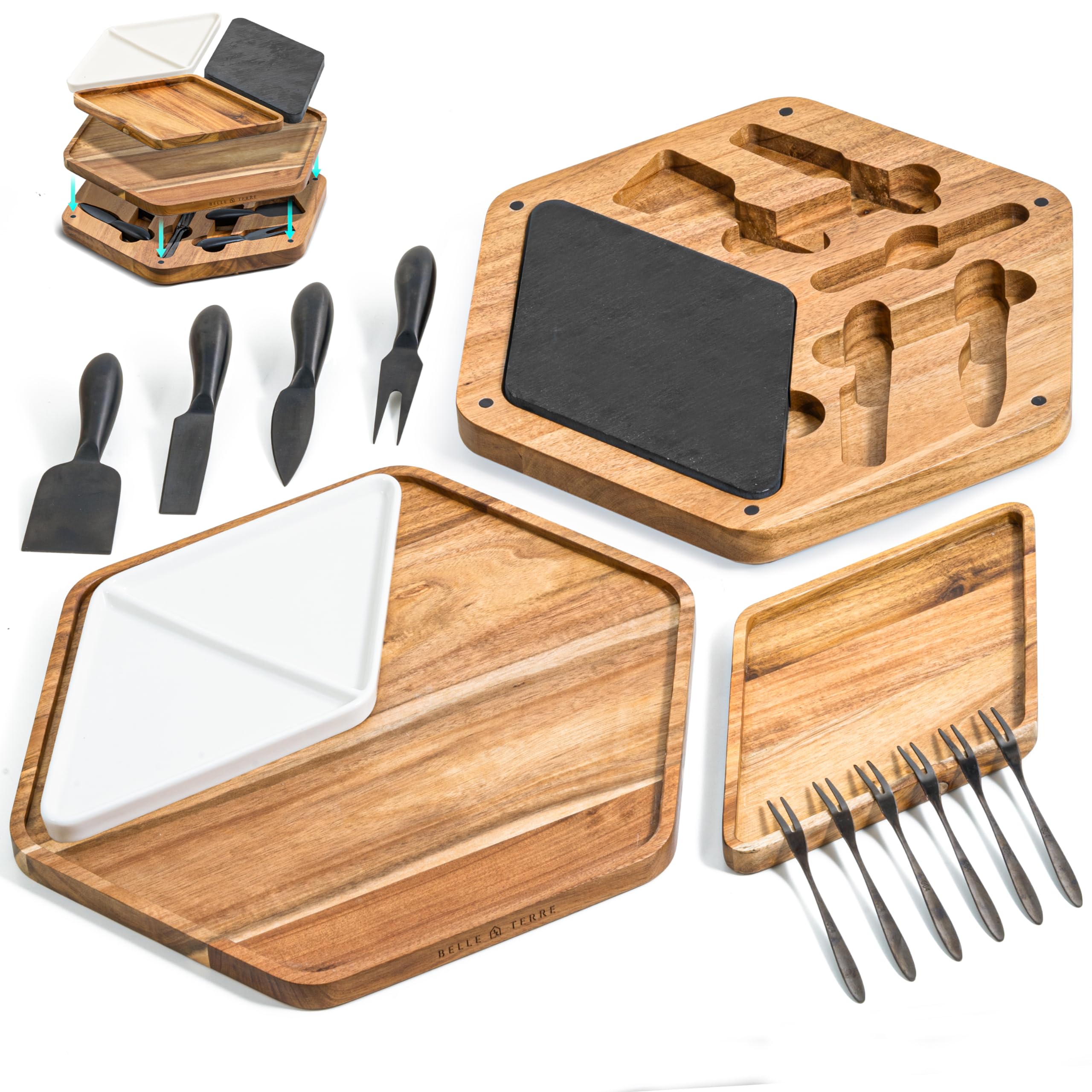 Premium Wooden Cheese Board Set - Charcuterie Serving Platter with Tray, Knives & Forks for Cheese, Crackers, Meats, Fruits & Olives - Perfect Gift for Entertaining, Parties, Wine Tastings & Holiday Gatherings - Elegant Serving Solution for Hosting & Home Decor