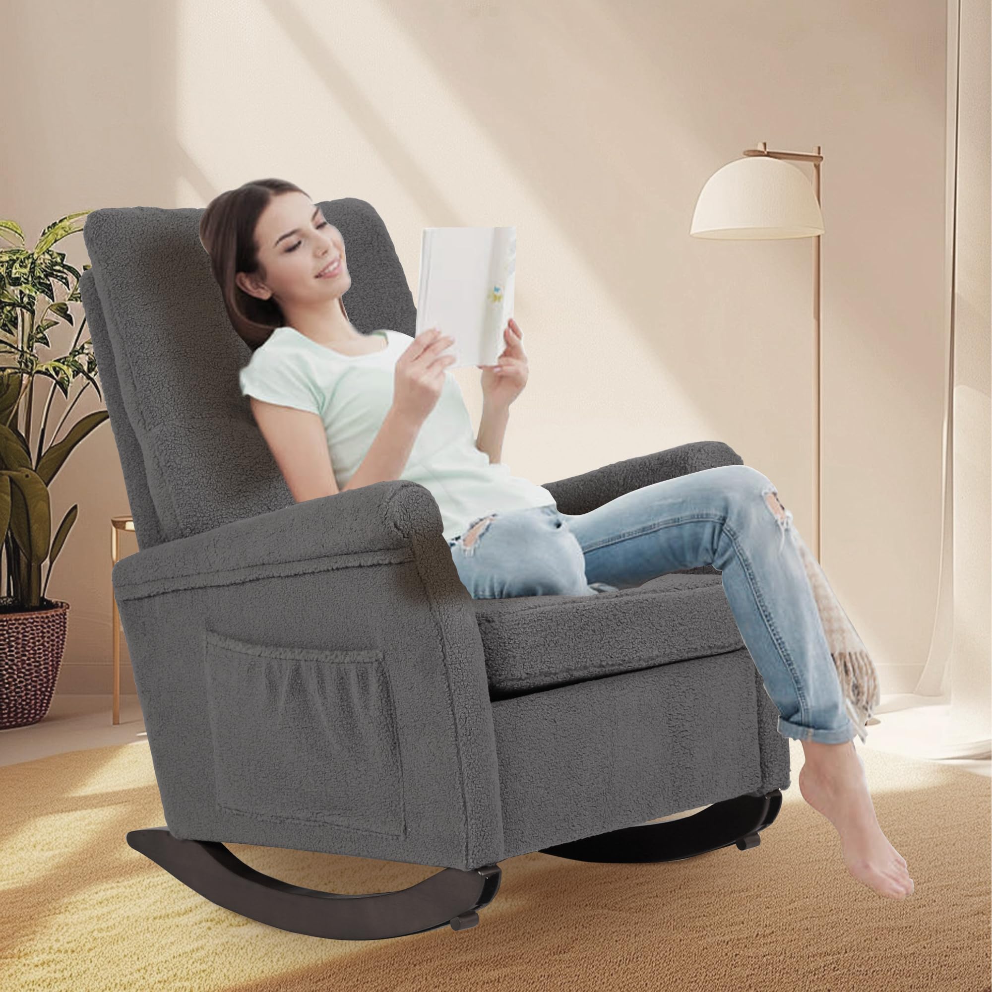 **Nursing Rocking Chair for Mom - High Back Teddy Rocker Glider, Comfortable Nursery Chair for Breastfeeding & Reading - Perfect for Living Room, Bedroom, Nursery (Grey)**