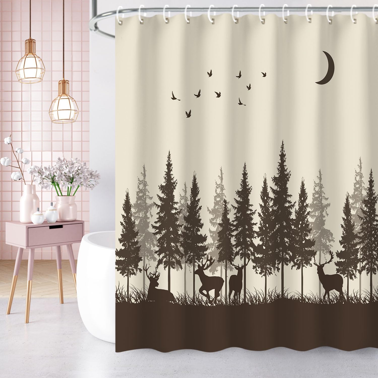 RosieLily Deer Shower Curtain - Rustic Cabin Wildlife Woodland Hunting Design with Forest Moose Pattern (72x72 Inches, Brown) - Includes 12 Hooks | Perfect for Bathroom Decor, Hunting Lodge, or Nature-Themed Home