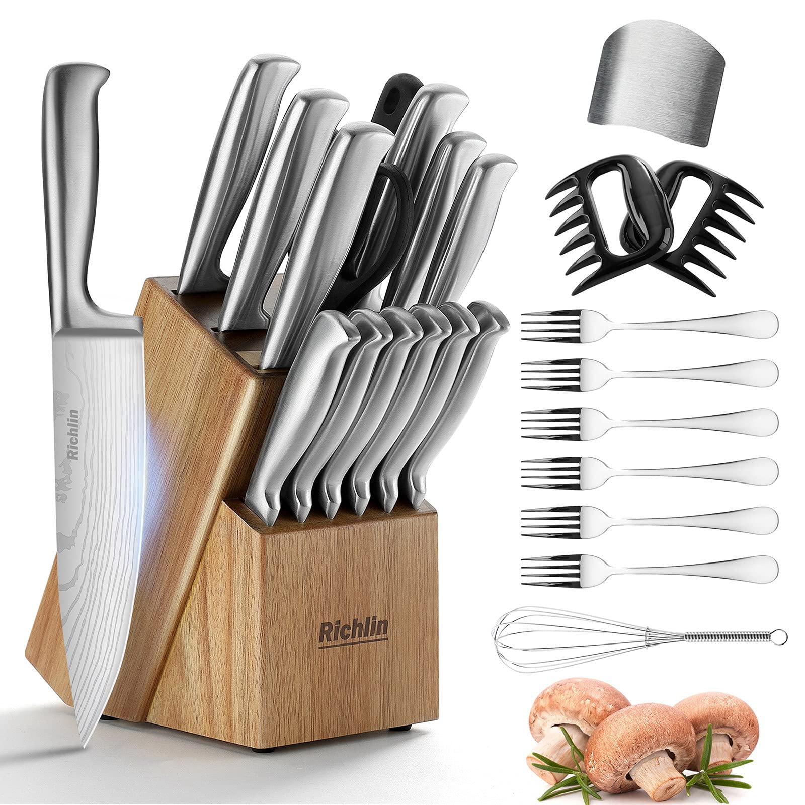 Premium 24-Piece Damascus Steel Knife Set - High Carbon Stainless Steel Kitchen Knives with Chef Knife, Scissors, Shredder Claws, Steak Knives & Forks - Includes Wooden Stand for Perfect Kitchen Organization | Ideal for Home Chefs, Cooking Enthusiasts & Professional Kitchens