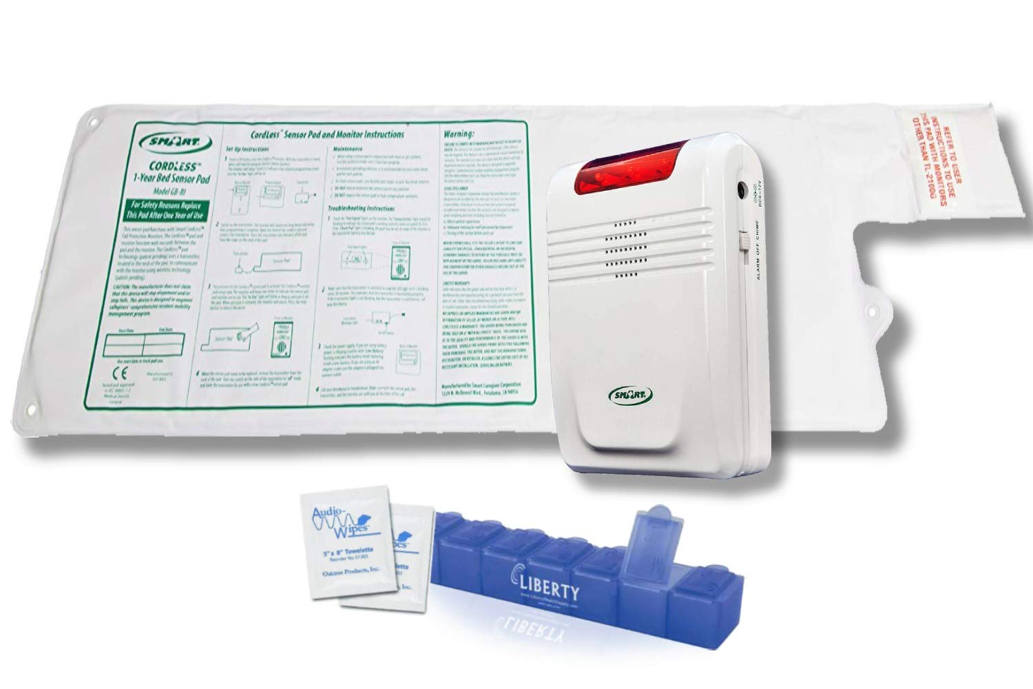 Smart Caregiver Wireless Bed Alarm System - 20”x30” Cordless Weight Sensing Pad with Remote Alert Monitor, Free Cleaning Wipes & 7-Day Pill Box - Elderly Fall Prevention for Home & Healthcare Facilities