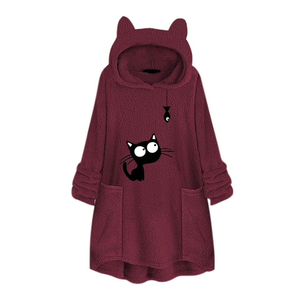 Women's Fleece Jacket with Bear Cat Ears Hood & Embroidery - Cozy Winter Pullover Sweater with Pockets | Perfect for Casual Outfits, Outdoor Activities & Cold Weather Fashion