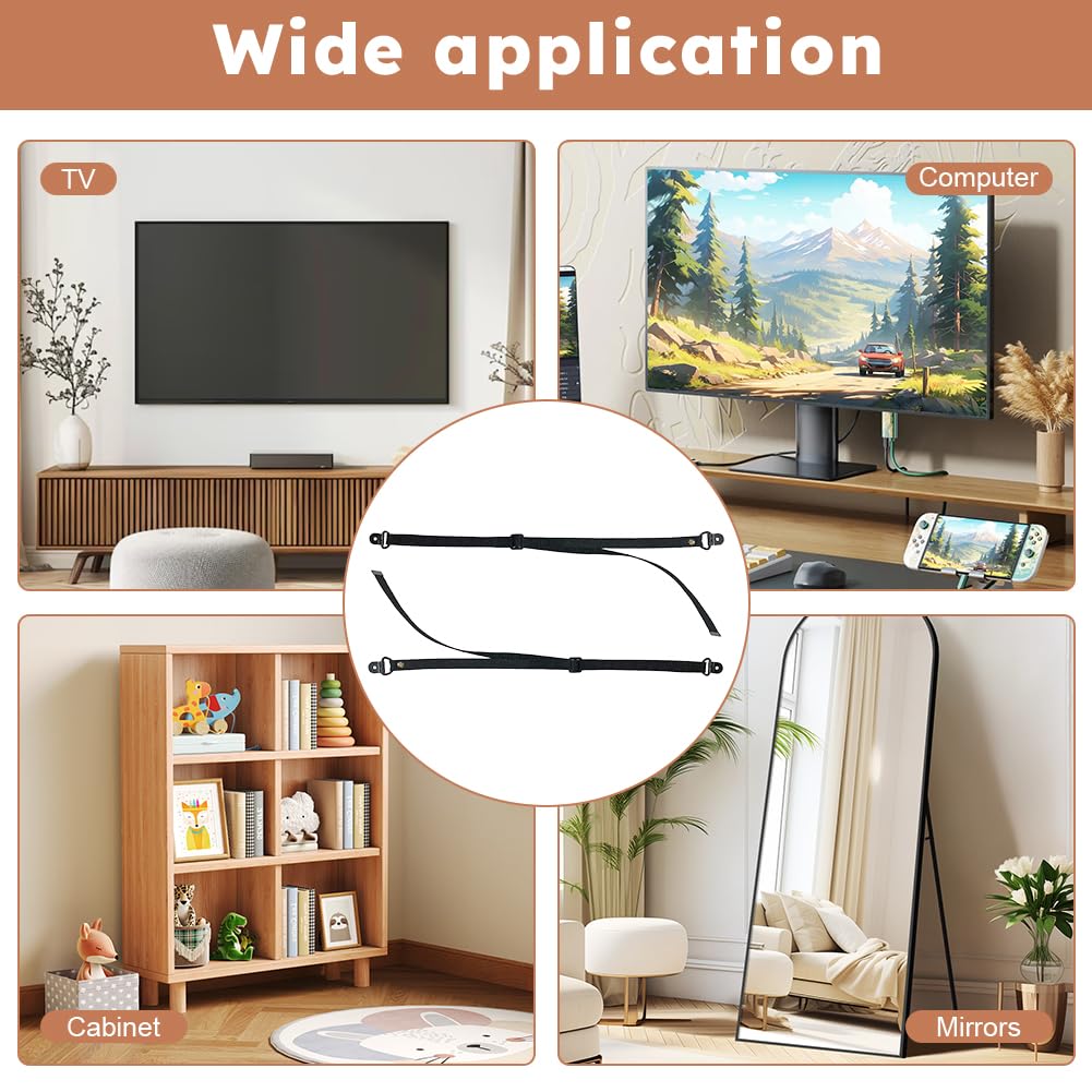 2 Pack No-Drill TV Safety Straps - Heavy Duty Anti-Tip Furniture Anchors for Flat Screens, Wall Mounting, Cabinets & Desks - Adjustable Adhesive TV Wall Mount (Black) - Perfect for Childproofing & Earthquake Safety in Living Rooms, Bedrooms & Offices