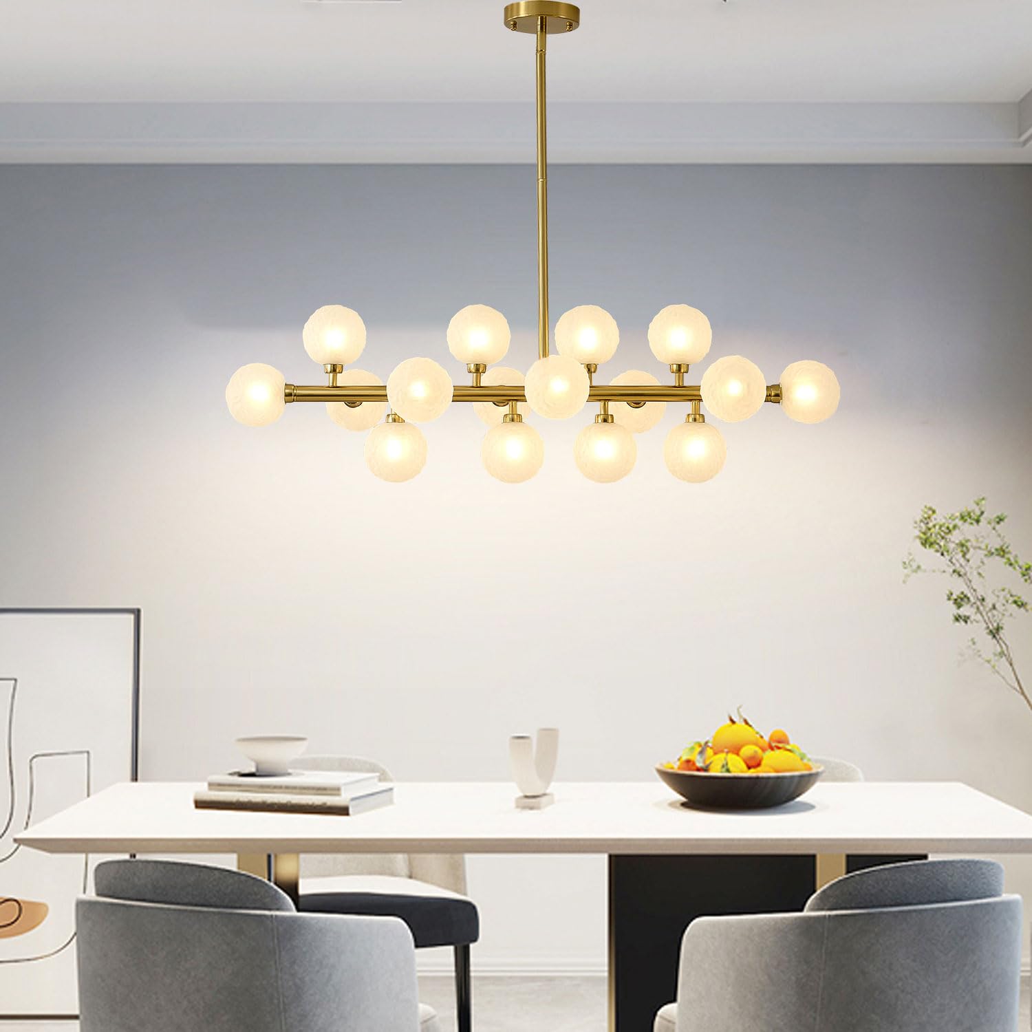 Modern Gold Bubble Linear Chandelier - 16 Light Hanging Pendant Fixture for Dining Room, Kitchen Island & Table Lighting | Copper & White Glass Design | Perfect for Contemporary Home Decor & Restaurant Ambiance