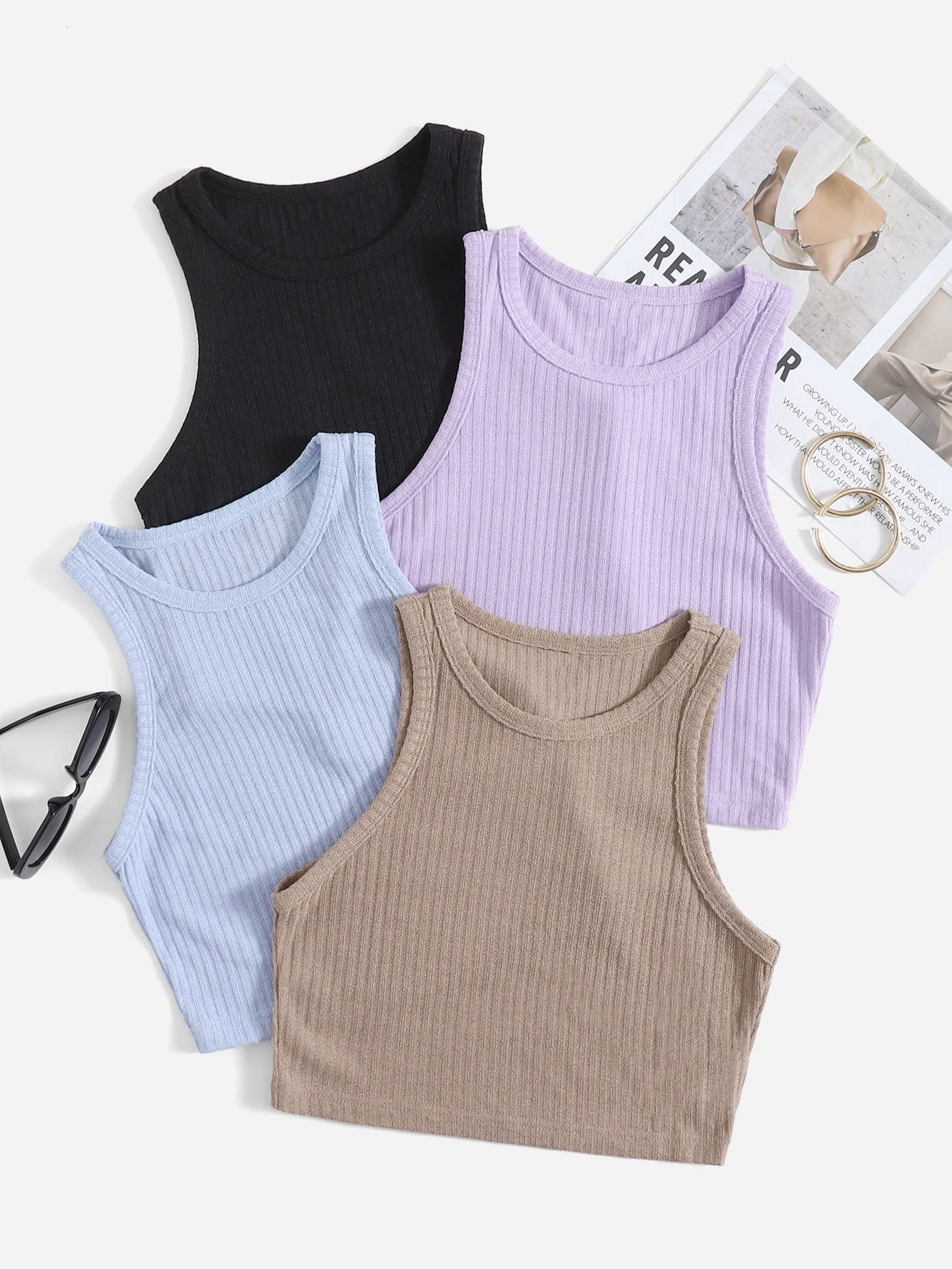 Yicoming Women's Rib Knit Tank Tops 4-Pack - Soft Stretchy Sleeveless Shirts for Women (Large) - Perfect for Summer, Layering, Gym & Casual Outfits