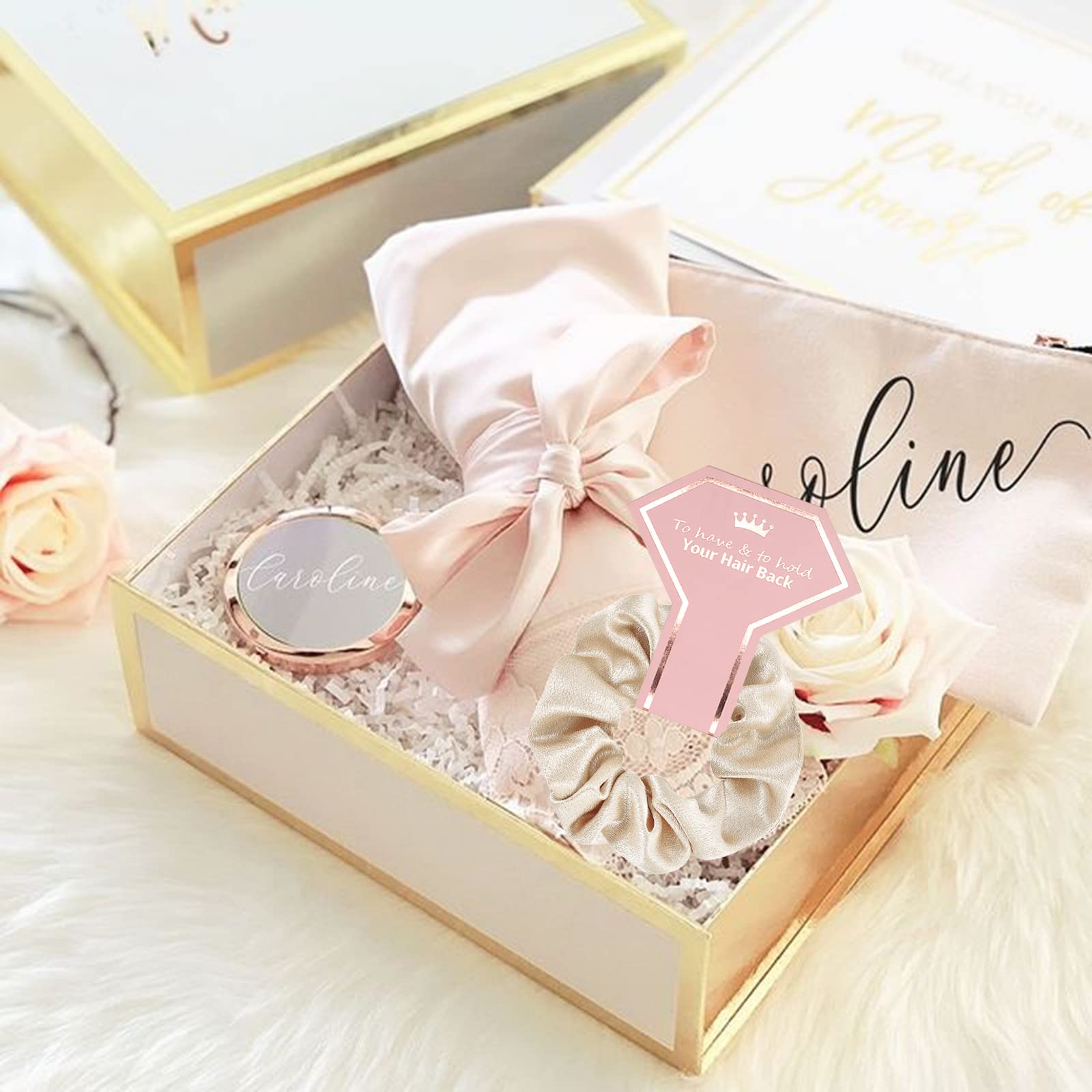 8 Pack Bridesmaid Proposal Gifts - Soft Scrunchies Hair Ties Set for Bachelorette Party, Wedding Favors & Bridal Shower - Beige & White - Perfect for 
