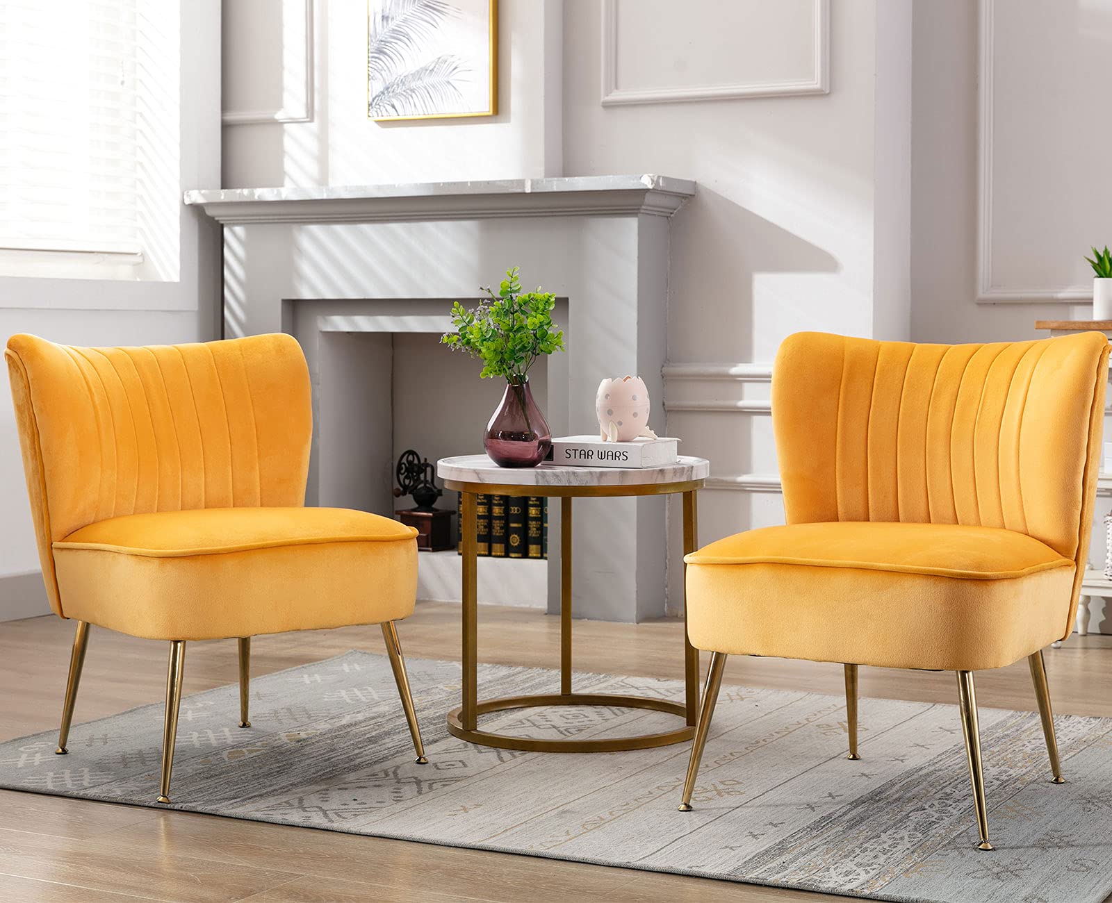 Velvet Accent Chairs Set of 2 - Mid-Century Modern Upholstered Side Chairs with Golden Legs, Armless Wingback Slipper Chairs for Living Room, Guest Room & Bedroom - Soft Yellow Comfy Seating for Home Decor