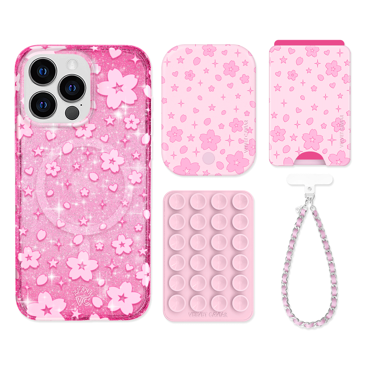 Cherry Blossom Glitter iPhone Case with Wallet - Cute Floral Phone Cover & Card Holder for Women - Perfect for Spring Outfits, Travel, and Everyday Use