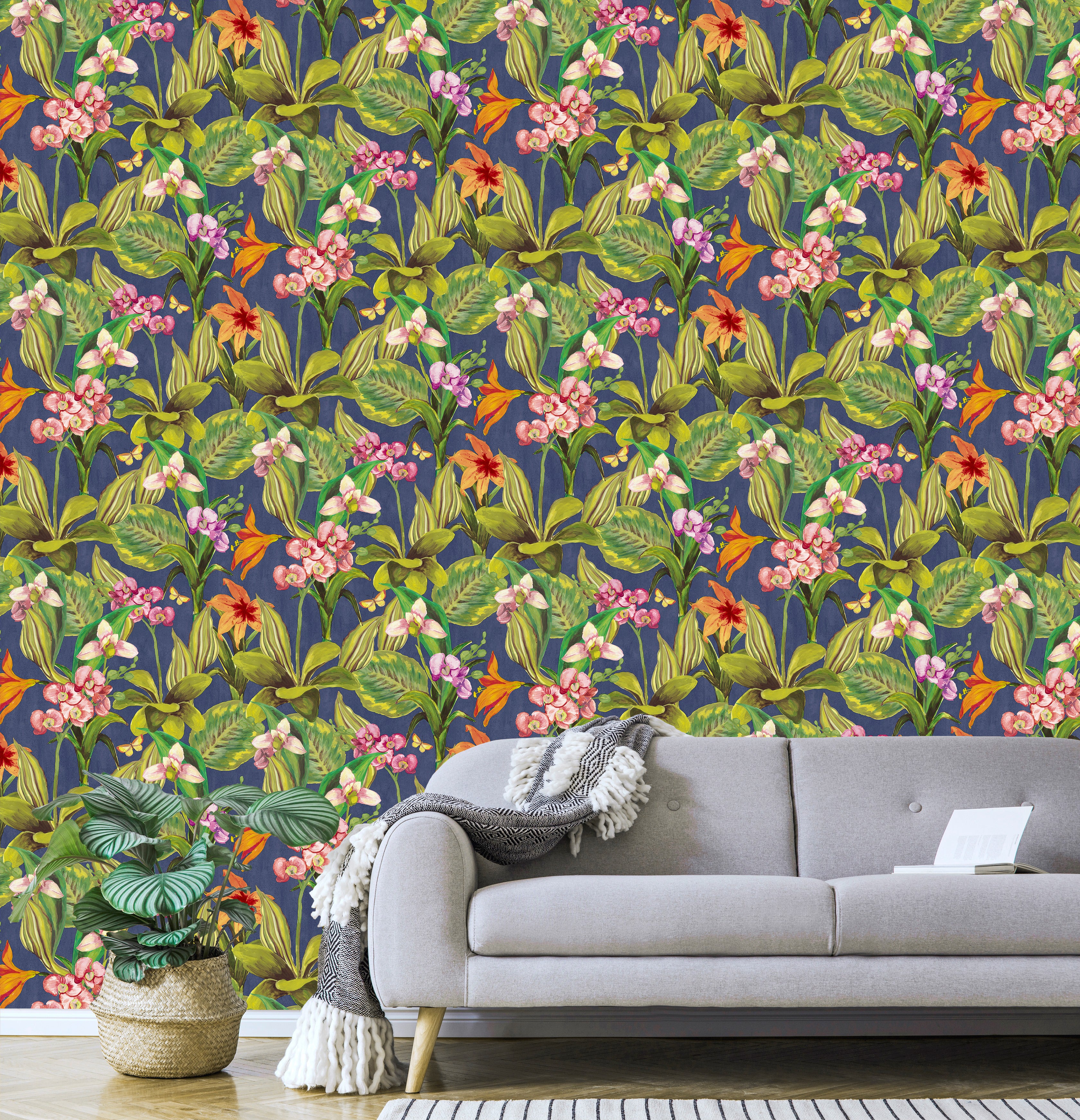 Blue & Pink Hand Painted Orchids Floral Wallpaper R8140 - Elegant Botanical Peel and Stick Wallpaper for Bedroom, Living Room & Nursery Decor