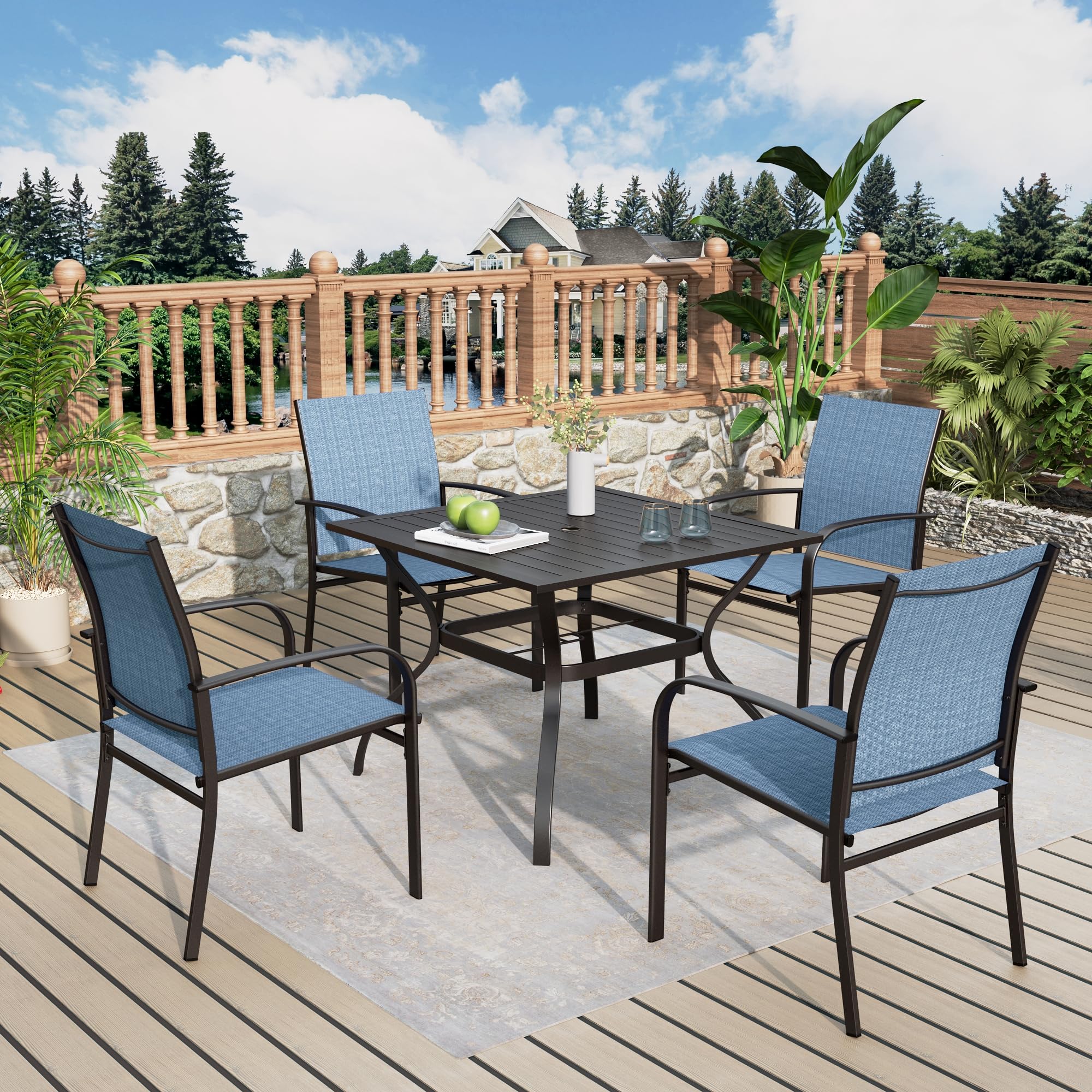 5-Piece Outdoor Dining Set with 4 Blue Chairs & 37