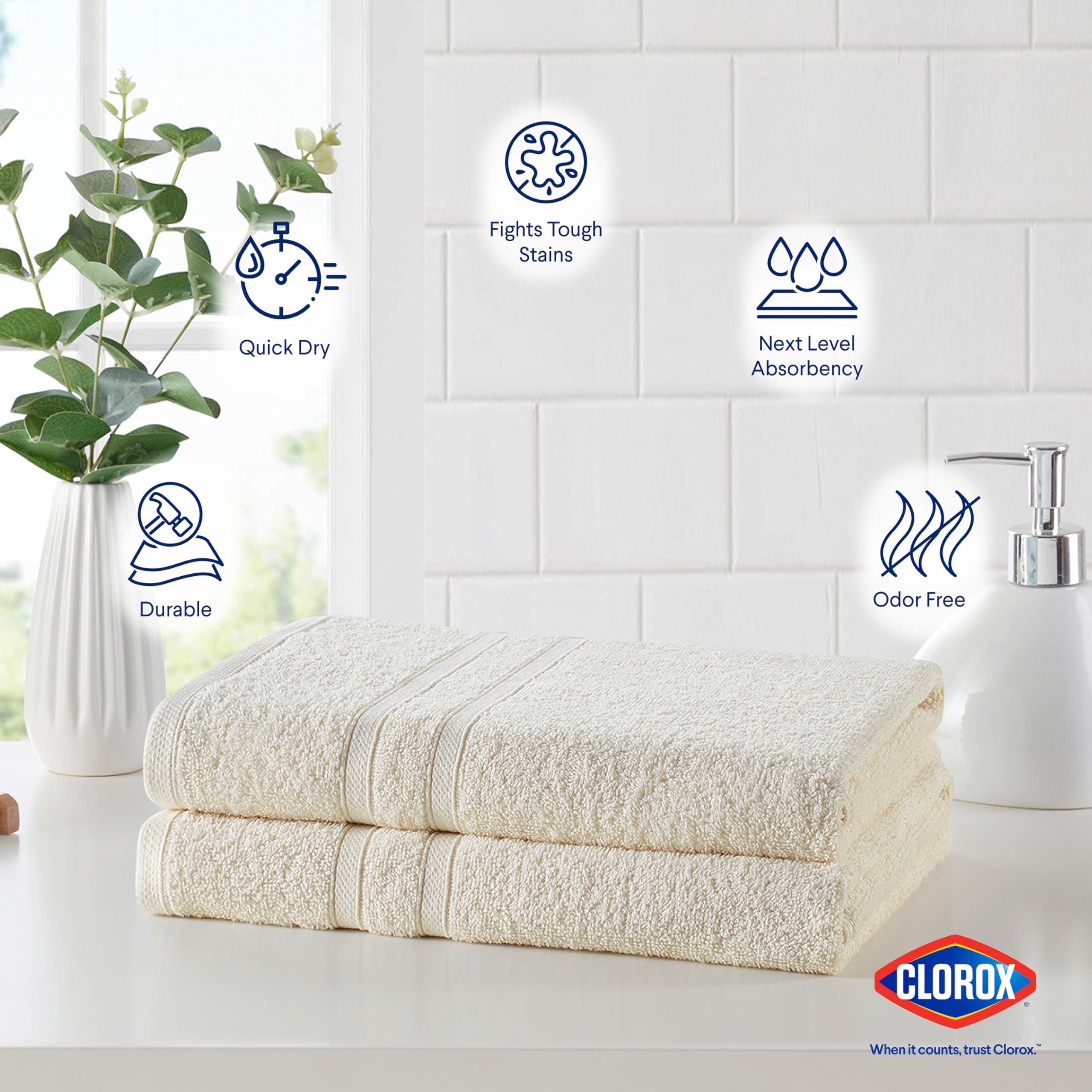CLOROX Bleach-Friendly Quick Dry 100% Cotton Bath Towels 30x52 Inches - Super Absorbent Soft Lightweight Towels for Bathroom, Gym & Travel - Easy Care Washable (2-Pack, Ivory)