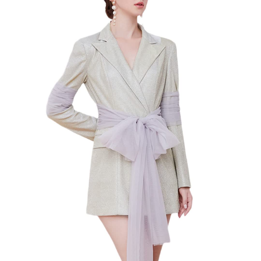 Elegant Autumn Notched Long Sleeve Gauze Ribbon Glitter Blazer Dress for Women | Slim Fit High Waist Single Breasted Jacket | Perfect for Office Wear, Cocktail Parties & Fall Weddings