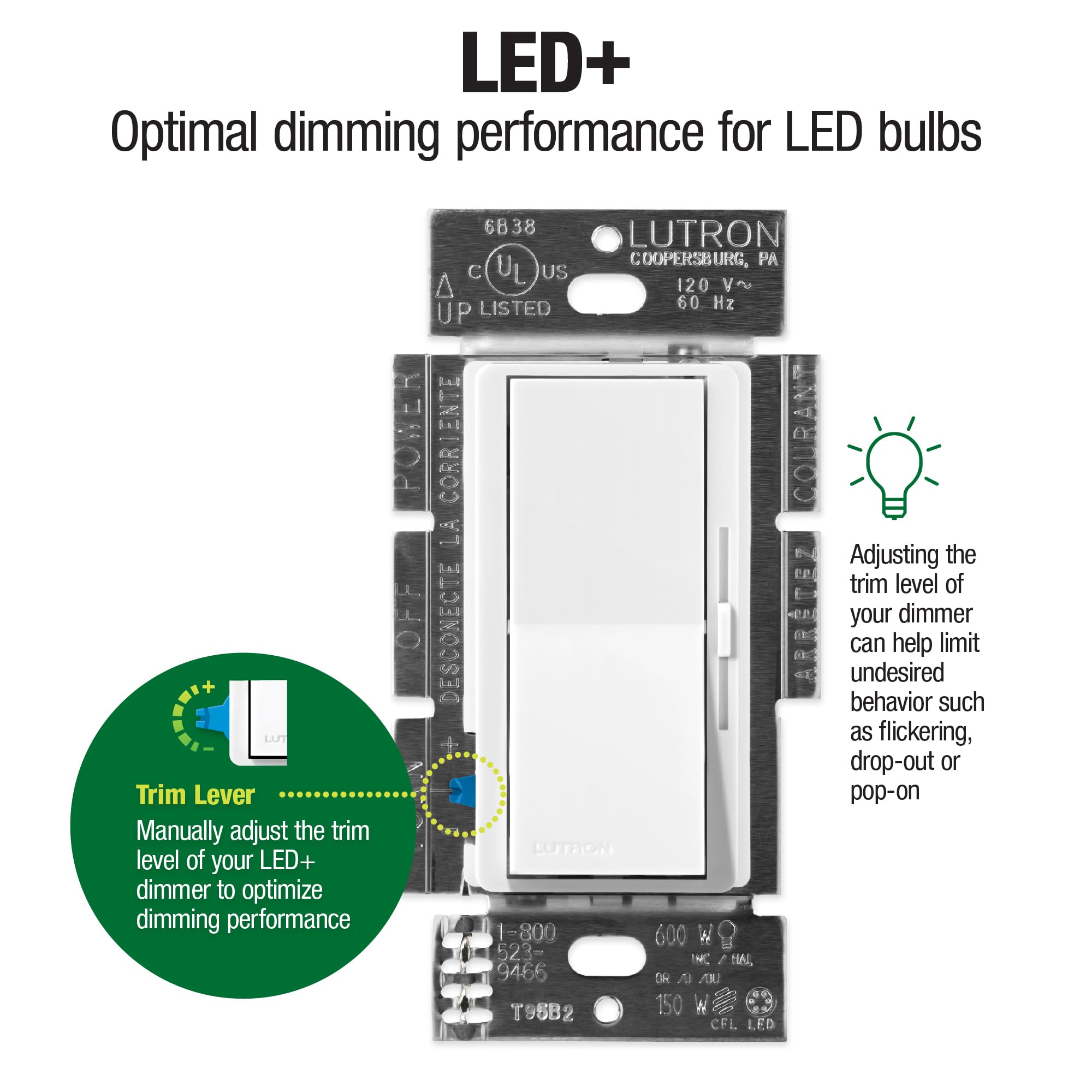 Lutron Diva LED+ Dimmer Switch for Dimmable LED, Halogen & Incandescent Bulbs with Wall Plate - 150W/Single-Pole or 3-Way (DVWCL-153PH-LA, Light Almond) - Perfect for Living Room, Bedroom & Home Lighting Control