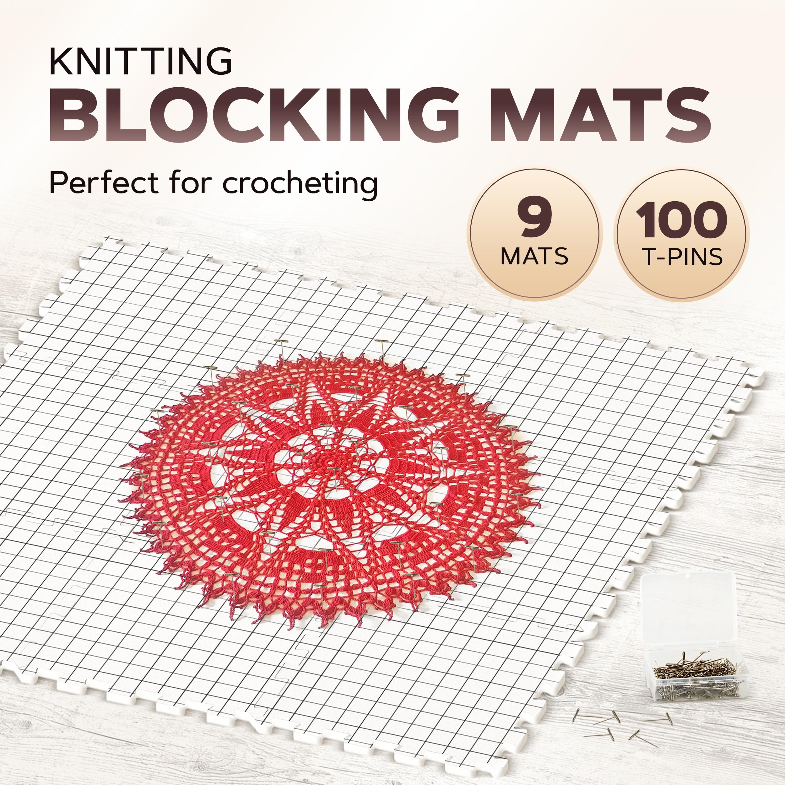 UMIEN™ Extra Thick Knitting Blocking Mats (9-Pack) - Premium Crochet Blocking Boards with Measurement Grids - Includes 100 Rust-Proof T-Pins & Storage Bag - Perfect for Needlepoint, Crochet Projects & Yarn Crafts - Ideal for Blocking Shawls, Sweaters & DIY Knitting Projects