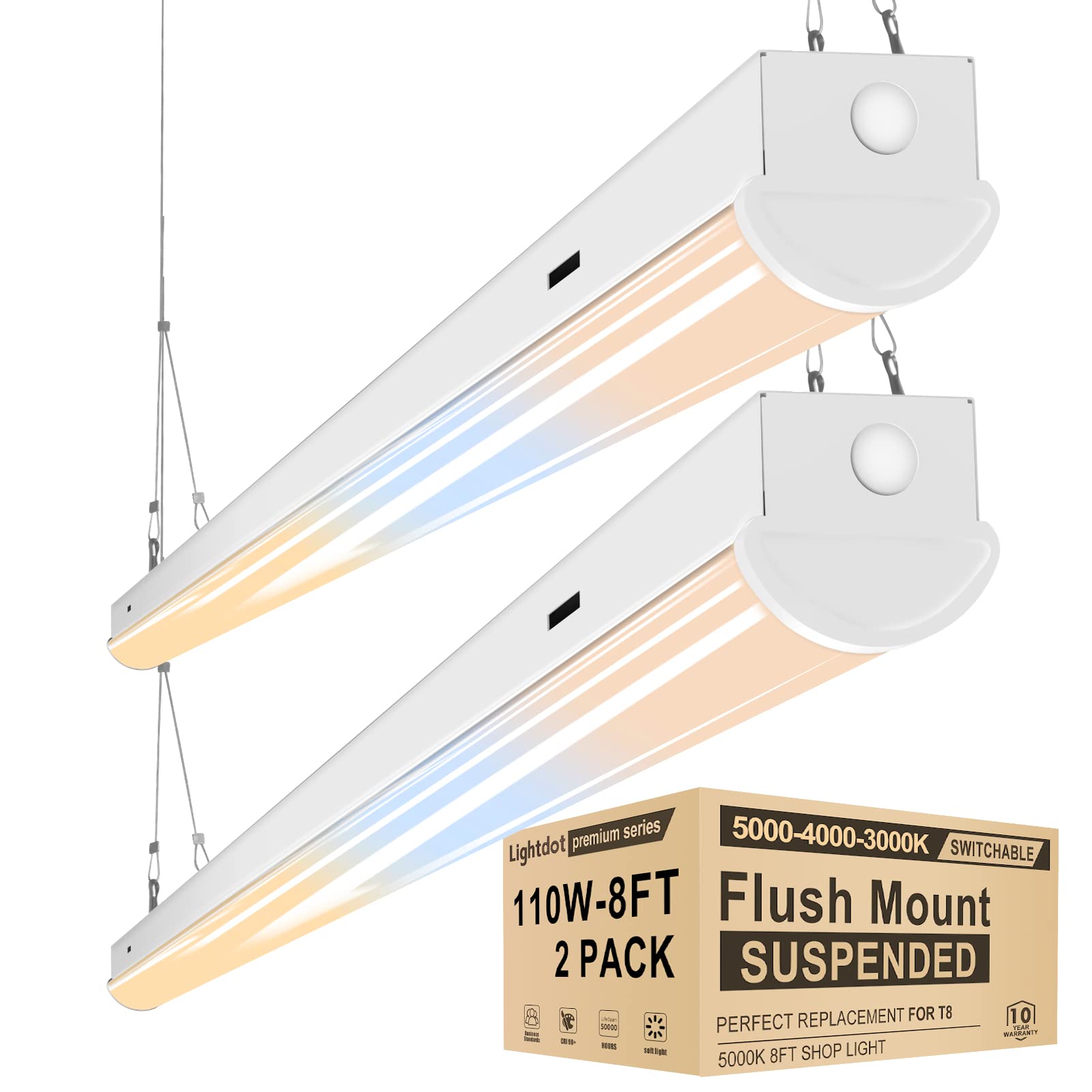 8FT LED Shop Lights 110W, 14500LM [6-Lamp T8 Equivalent] - 5000K/4000K/3000K Selectable Color Temperature - Suspended or Flush Mount Ceiling Light Fixtures - Commercial Grade for Garage, Workshop, Warehouse (2-Pack) - Perfect for Bright Task Lighting in Industrial Spaces