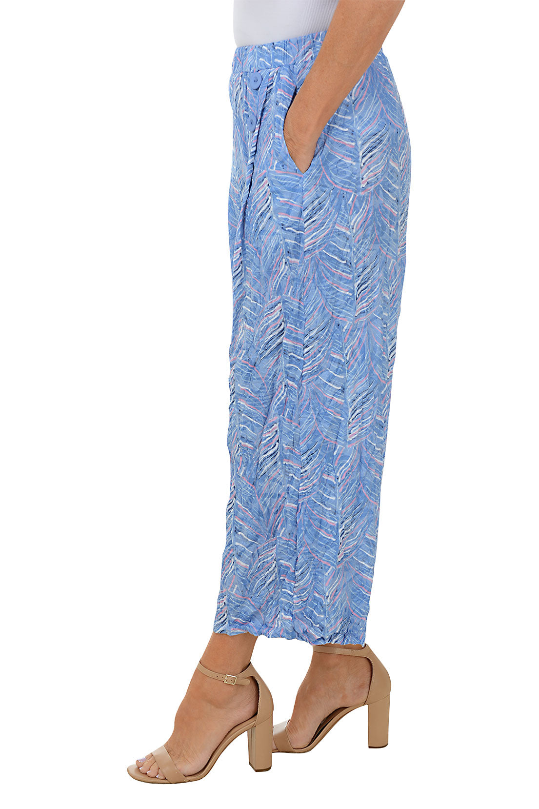 Marbled Leaves Print Crinkle Wide Leg Palazzo Pants with Triple Button Closure - Stylish & Comfortable for Work, Travel & Casual Outfits