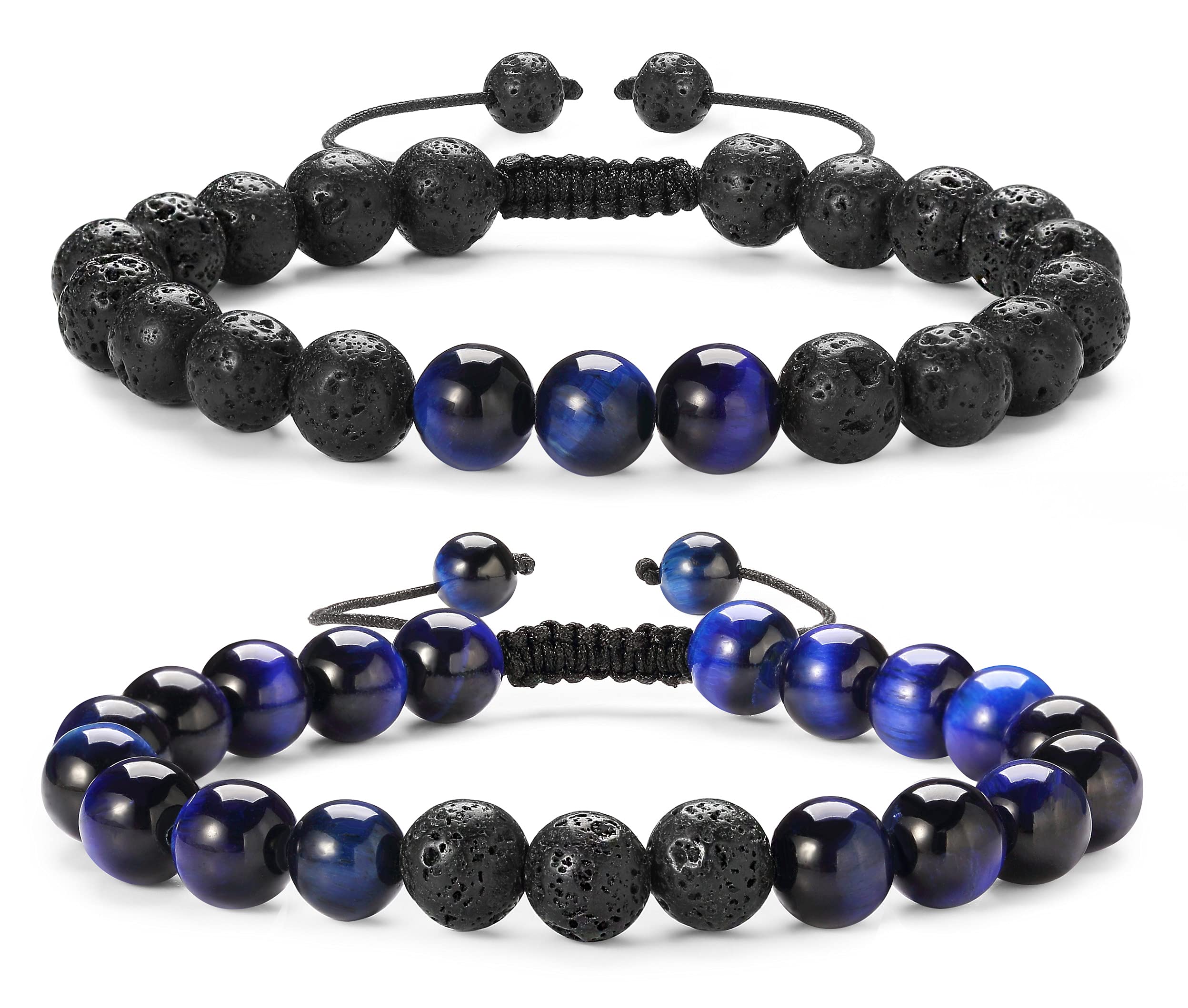 Natural Lava Rock & Blue Tiger Eye Beaded Bracelet Set - Adjustable Aromatherapy Essential Oil Diffuser Bracelet for Men & Women (2Pcs) - Anxiety Relief, Stress Management & Spiritual Healing Jewelry for Meditation, Yoga & Daily Wear