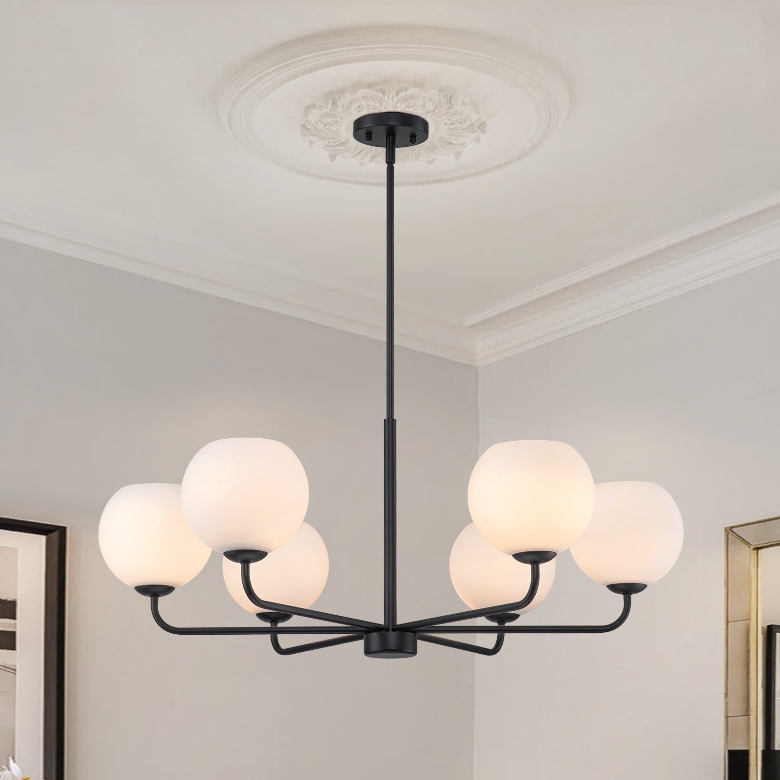Glowlings 6-Light Modern Sputnik Chandelier - 35 Inch Wide Large Opal Glass Ceiling Light Fixture for Dining Room, Living Room & Bedroom Lighting