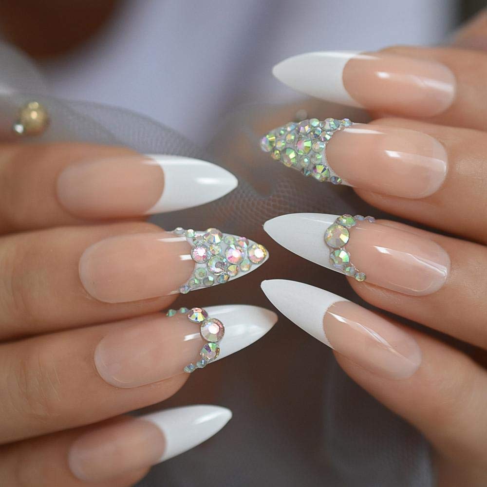 3D Rhinestone False Nails - Glamorous Ab Gemstone White French Tips, Super Long Press on Nails for Parties, Weddings & Special Events (24pcs) - Perfect for Nail Art, Cosplay and Night Out Looks