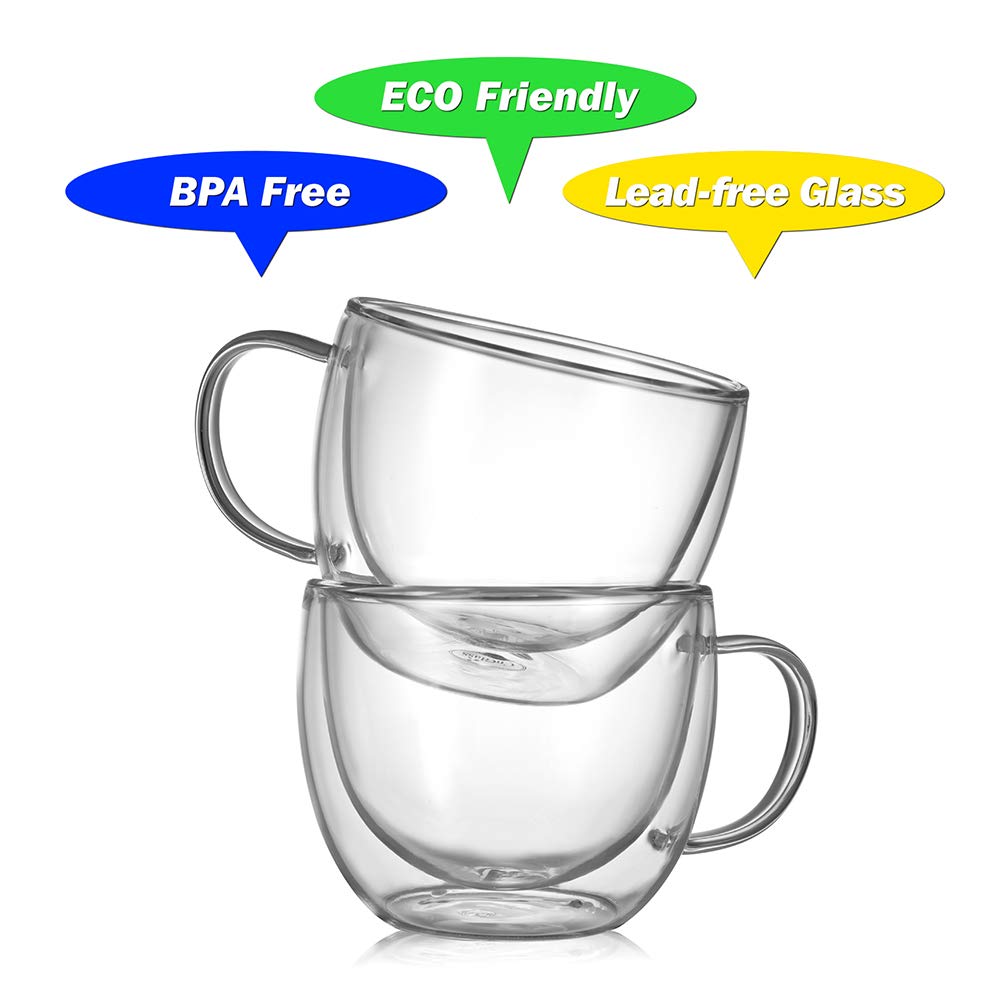 CNGLASS 8oz Double Wall Insulated Glass Coffee Mugs - Clear Espresso Cups with Handle for Hot & Cold Drinks, Perfect for Latte, Cappuccino, Tea - Set of 4 (Ideal for Home, Office & Cafe Use)