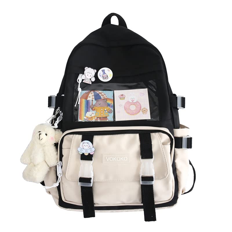 Cute Kawaii Backpack for Girls with Pins & Accessories - Stylish Laptop School Bag for Students & Teens - Perfect for School, College & Travel (Black)