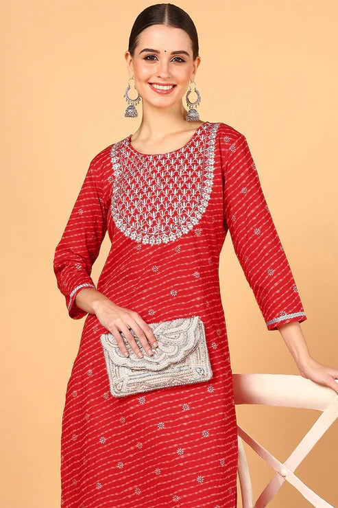 Women's Red Leheriya Cotton Kurta - Comfortable & Stylish Indian Ethnic Wear for Festivals, Parties & Casual Outings