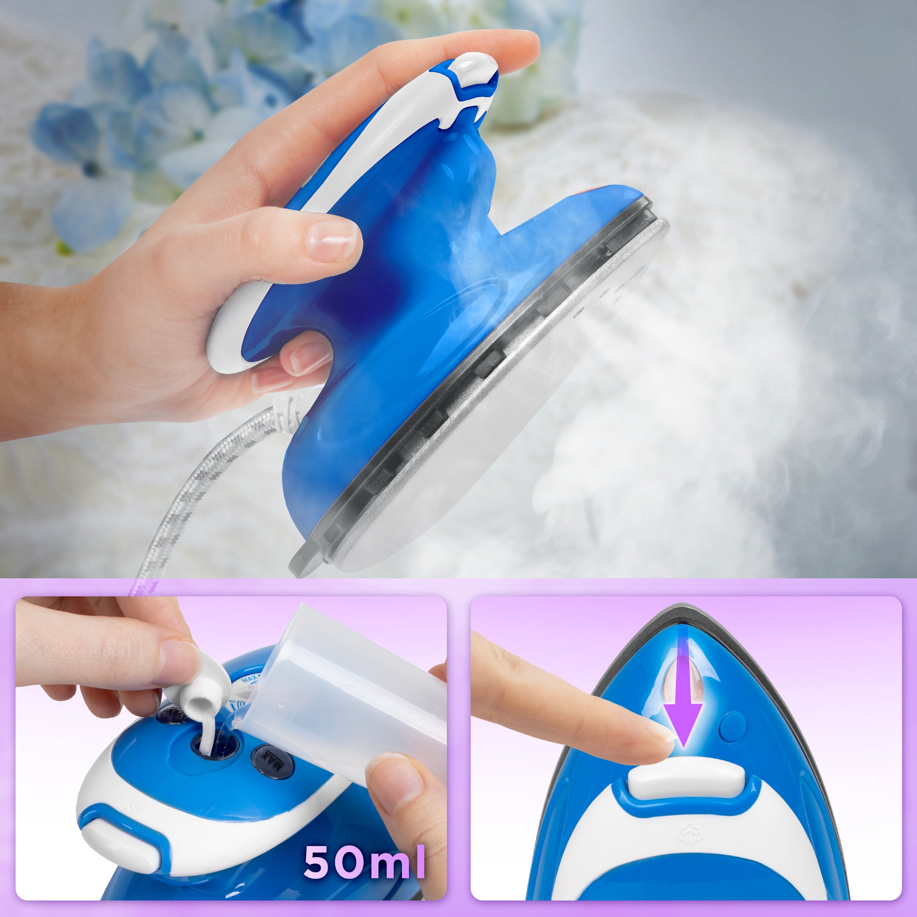 Duronic Si2 BE Mini Travel Iron - 375W Compact Steamer with 50ml Water Tank, Adjustable Heat Settings & Brush - Perfect for Quilting, Patchwork, Applique & Crafts - Ideal for Travel, Holidays & Home Use - Blue