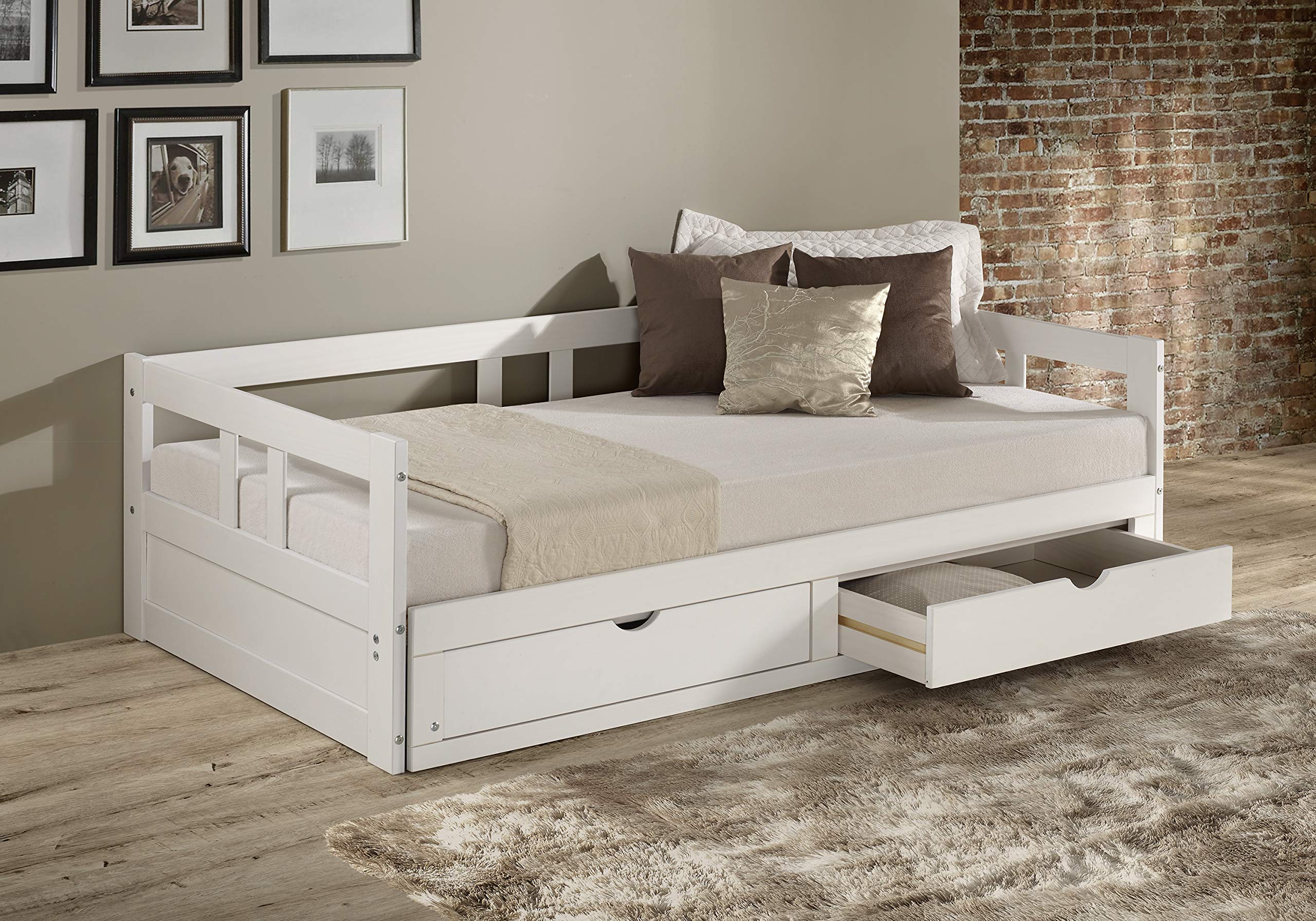 Alaterre Furniture Melody Extendable Pine Trundle Daybed with Underbed Storage - White Twin to King Size - Kids Bedroom Furniture Set with Headboard - Perfect for Guest Rooms, Dormitories & Small Spaces