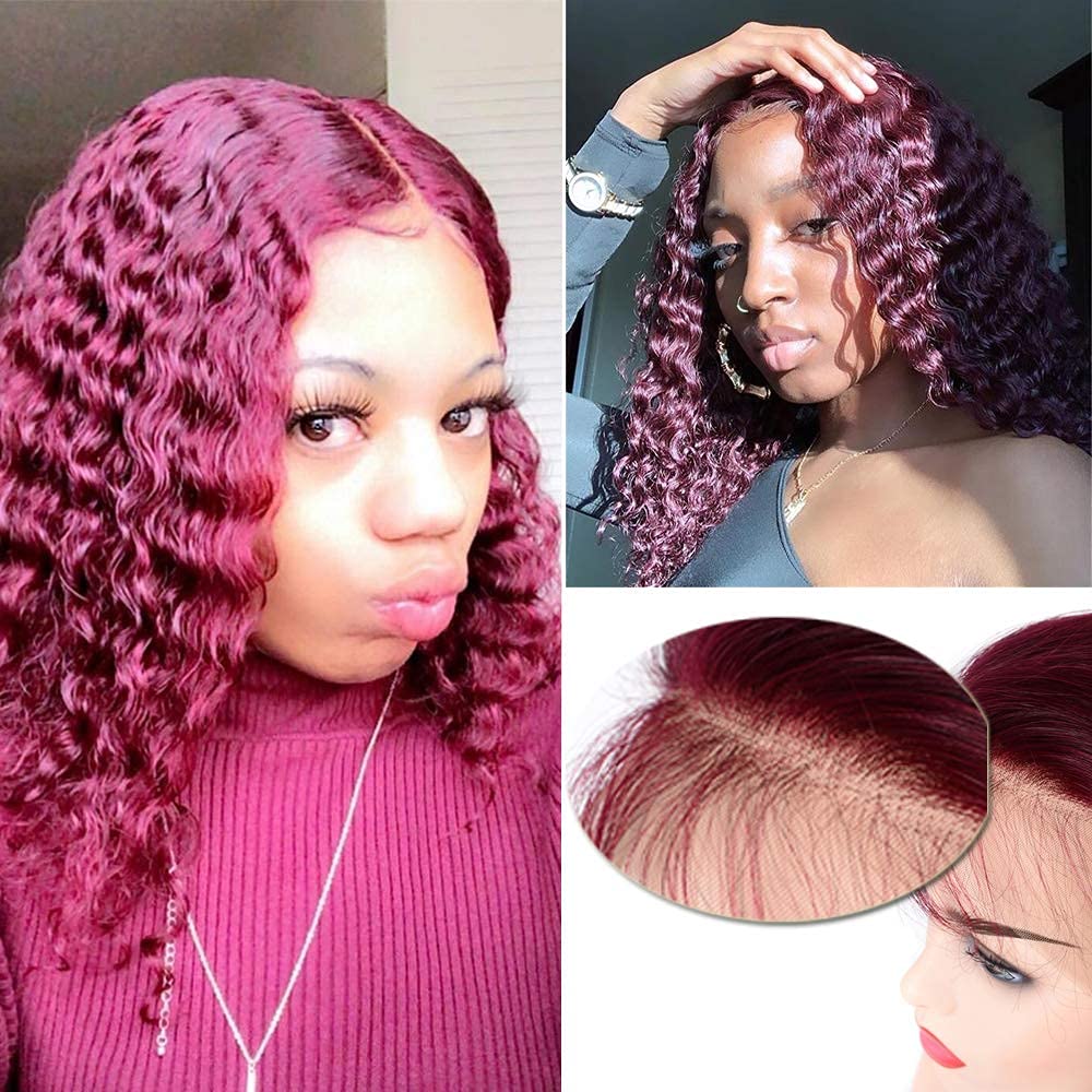 99J Burgundy Lace Front Bob Wigs - 100% Human Hair Deep Wave 13x4 Lace Frontal Wig for Black Women - Red Curly Bob Wig with Pre-Plucked Natural Hairline & Baby Hair - 150% Density 14 Inch - Perfect for Daily Wear, Parties & Special Occasions