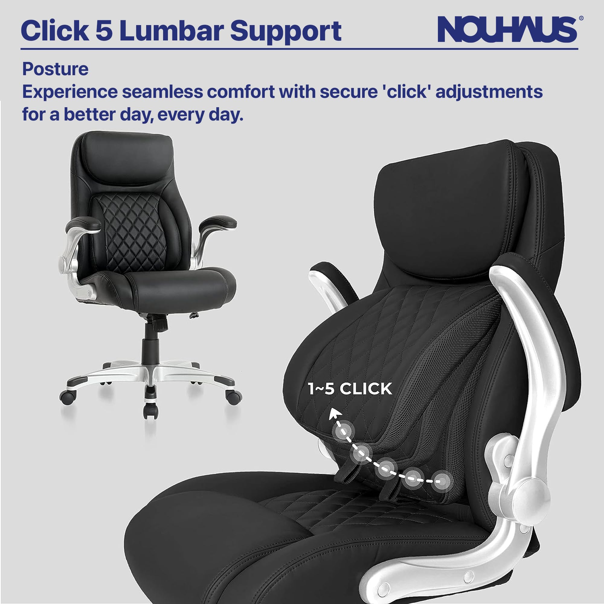 Nouhaus Posture Ergonomic PU Leather Office Chair with Click5 Lumbar Support & FlipAdjust Armrests - Modern Executive Desk Chair for Home & Office (Black) - Perfect for Long Work Hours, Gaming & Remote Work
