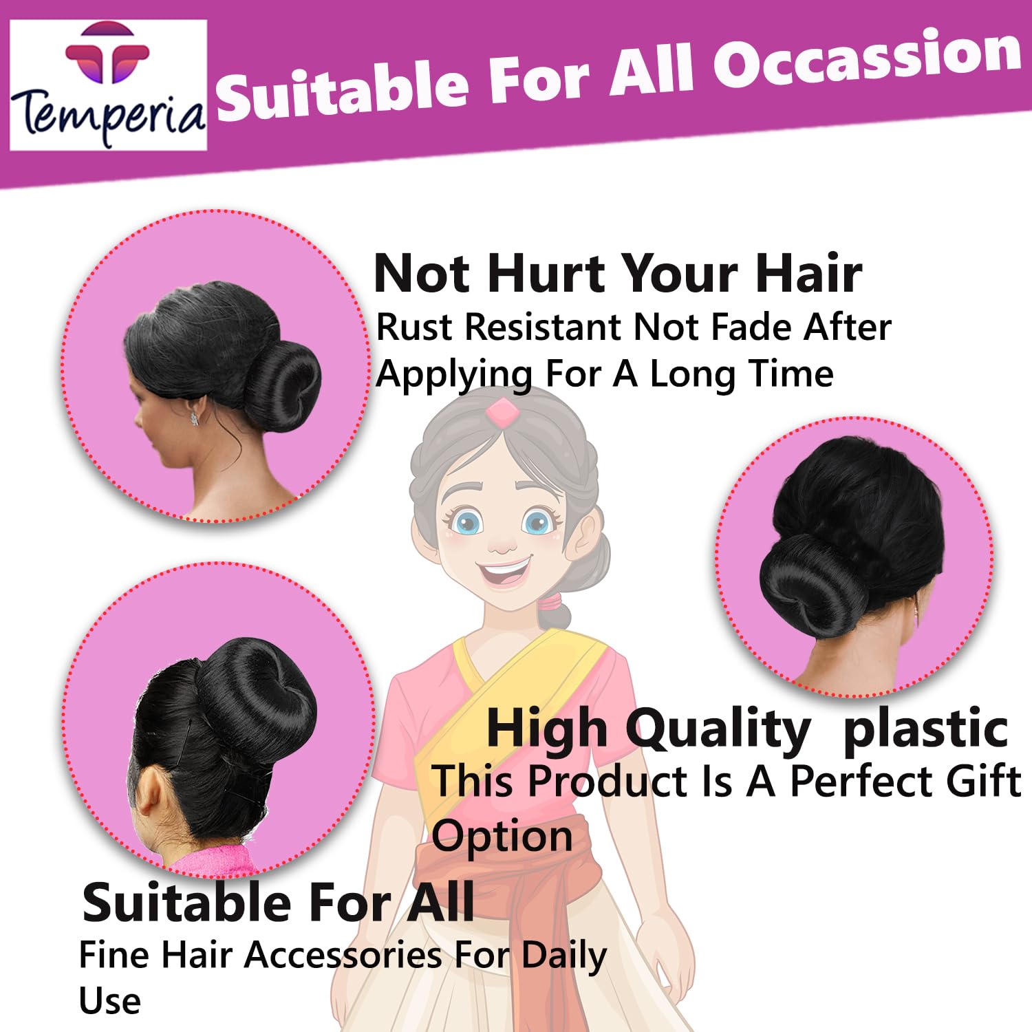 TEMPERIA Hair Donut Bun Maker for Women & Girls - 3-Piece Set (Small, Medium, Large) - Puff Juda Bun Shaper Tool - Perfect Hair Accessories for Updos, Ponytails & Formal Events