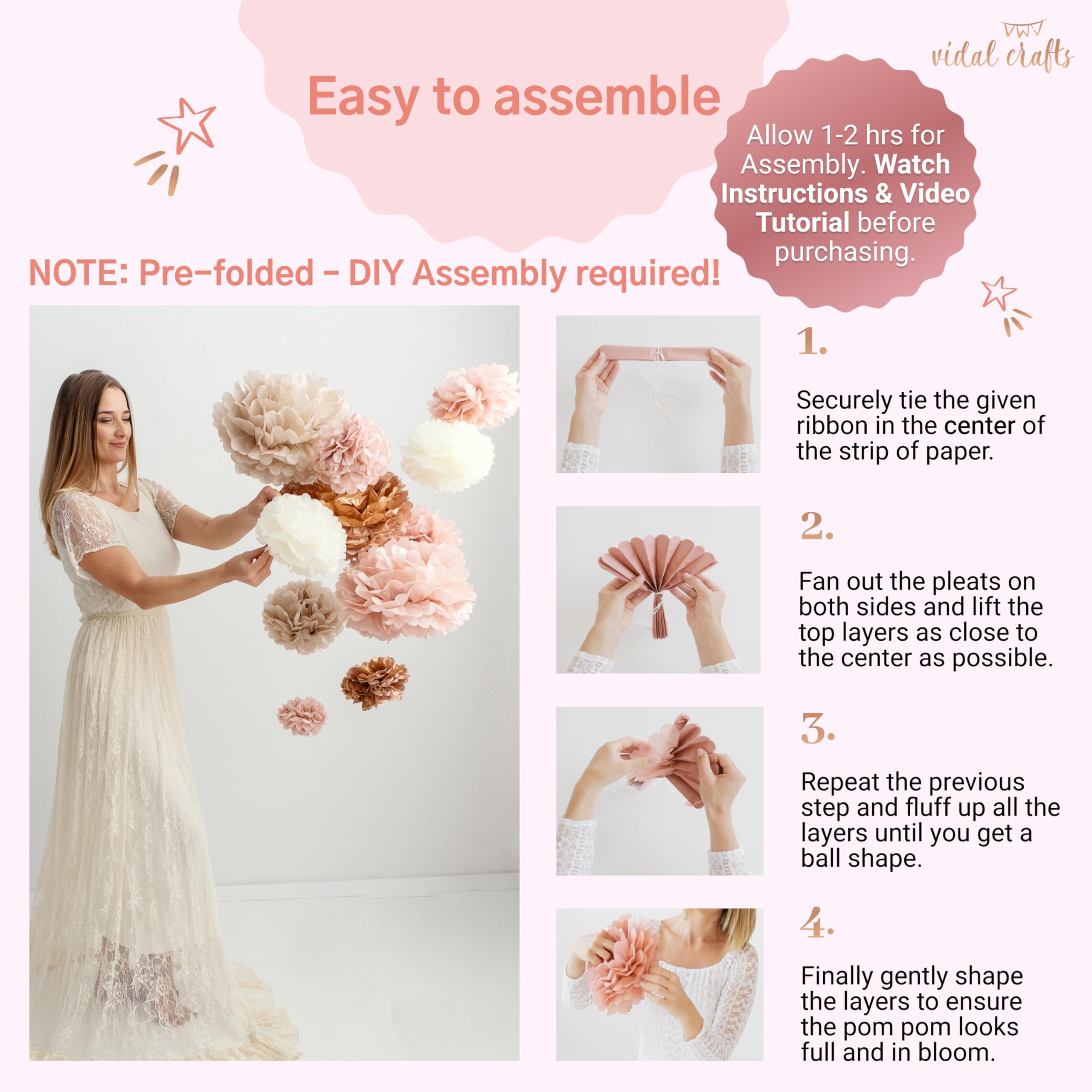 Vidal Crafts 20-Piece Tissue Paper Pom Poms Kit - Boho Party Decorations for Birthday, Wedding, Baby Shower, Bridal Shower & Bachelorette (6