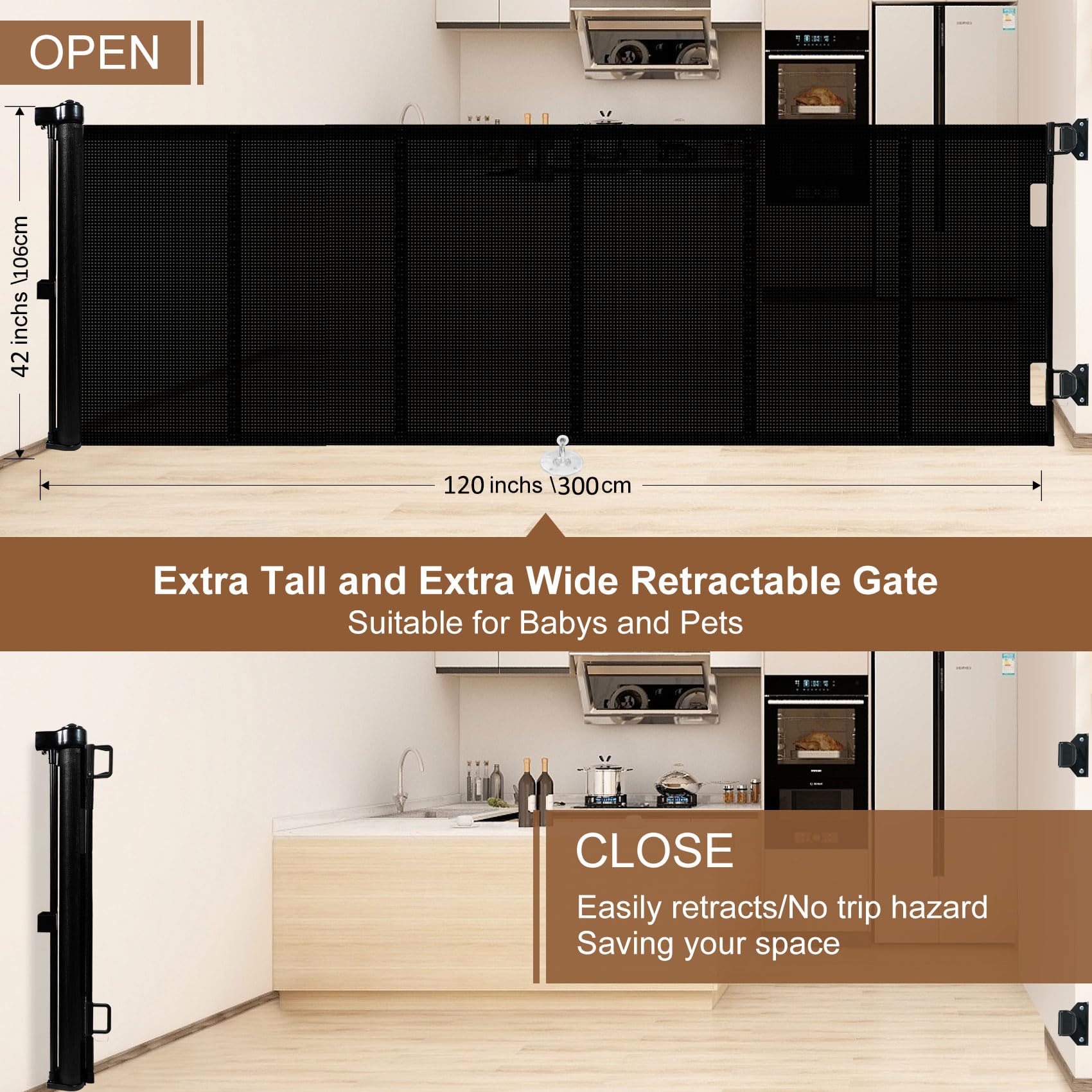 Upgrade 120 Inch Extra Wide Retractable Baby Gate with Reinforced Strip Design - 10ft Expandable Pet Gate, 42