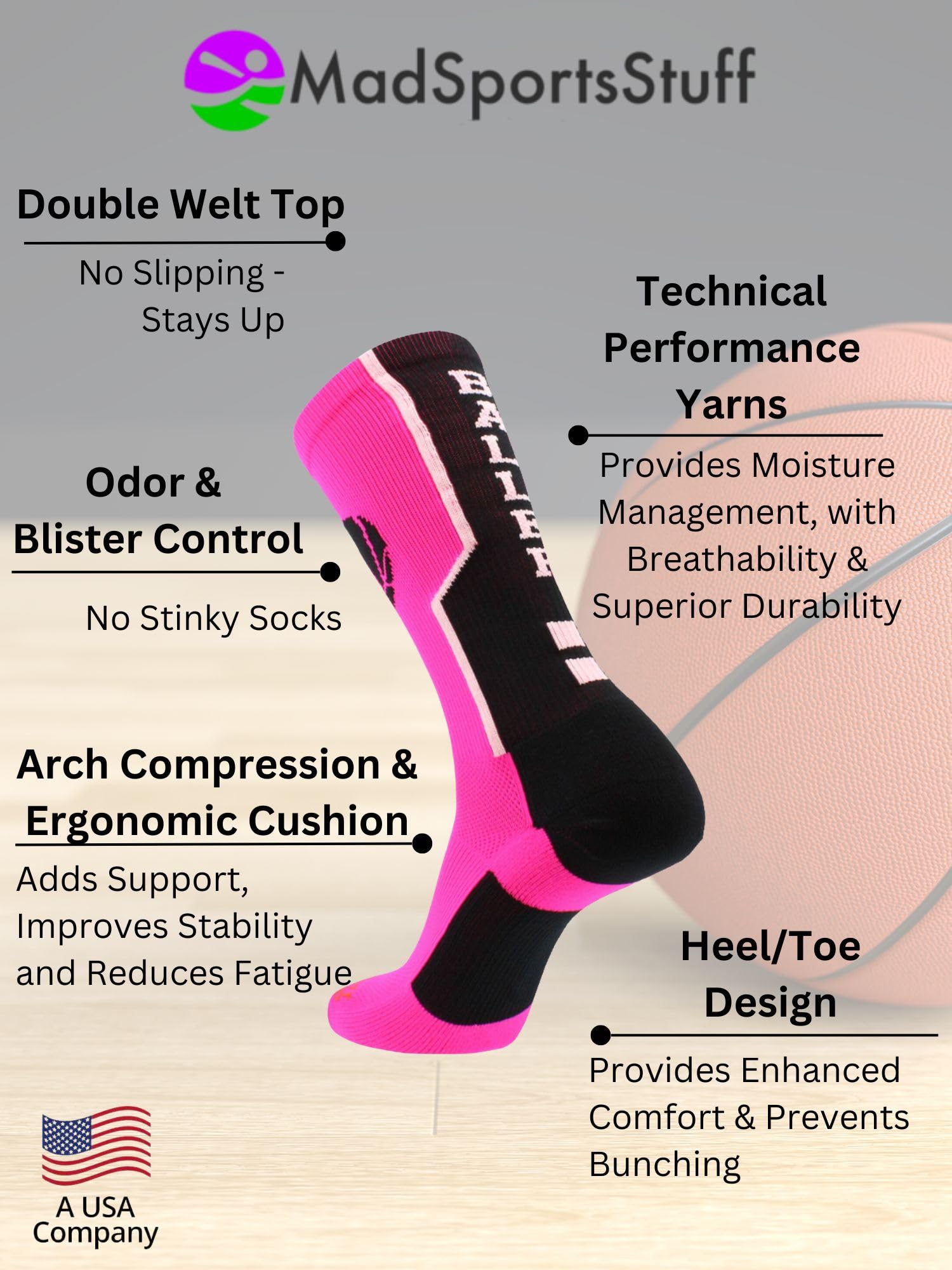 Basketball Crew Socks with Basketball Logo - High Performance Sports Socks for Men & Women - Perfect for Basketball Games, Training and Athletic Wear