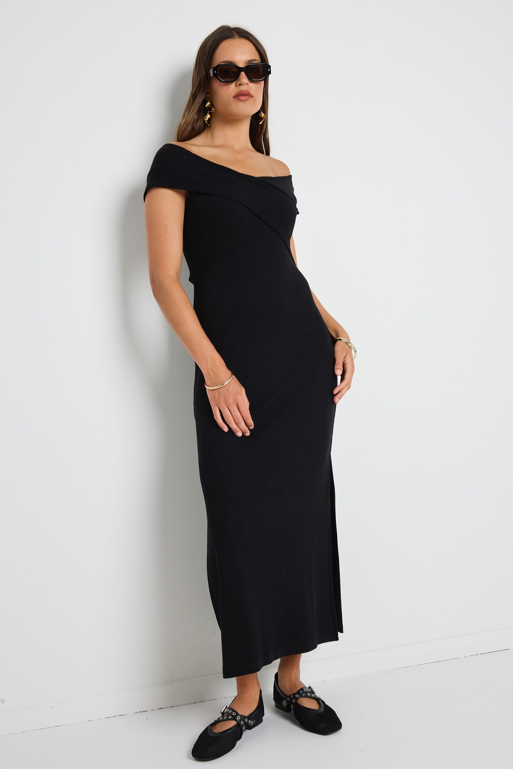 Alfa Black Rib Off Shoulder SS Midi Dress - Elegant Summer Party & Date Night Outfit for Women