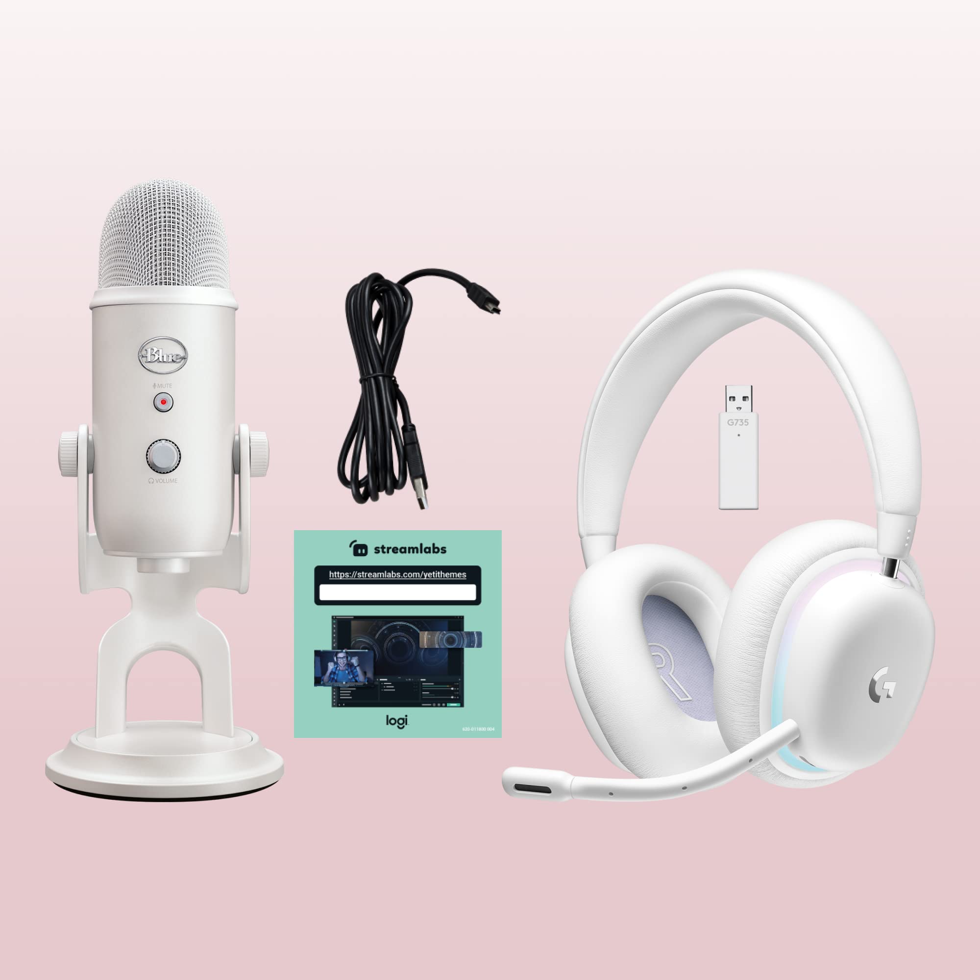 Logitech G735 Wireless Gaming Headset & Blue Yeti USB Microphone Bundle for PC/Mac Streaming - White Mist | Pro Streaming Setup with Exclusive Streamlabs Themes for Gamers & Content Creators