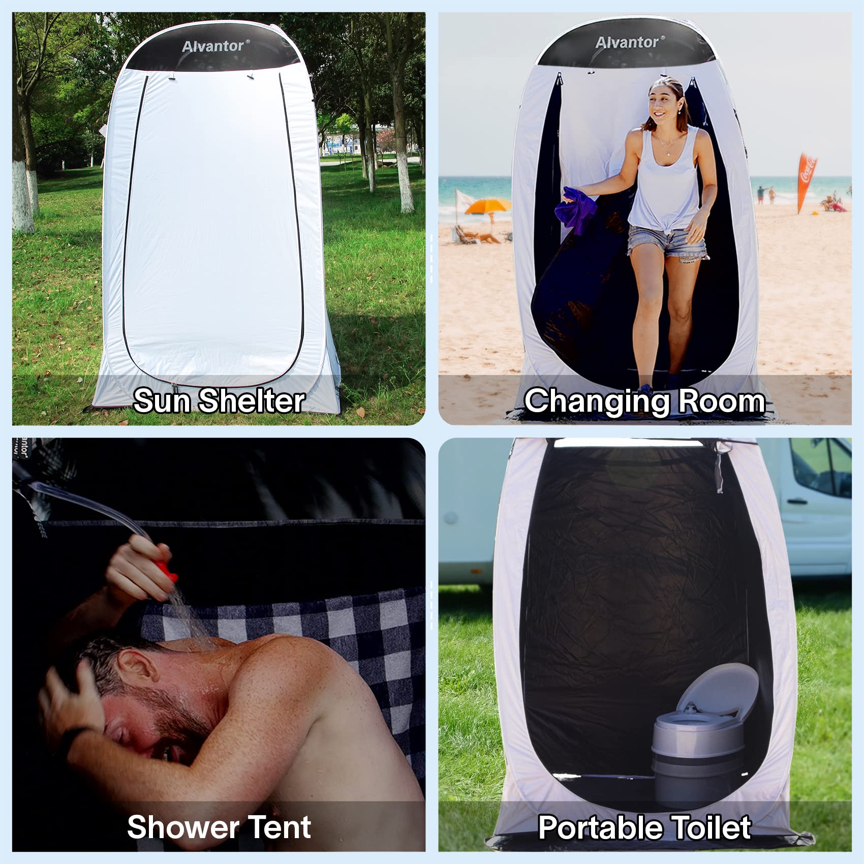 Alvantor Pop Up Shower Tent - 4'x4'x7' Portable Outdoor Changing Room for Camping, Beach & Hiking - Waterproof Teflon Coated Privacy Shelter with Dressing Area - Perfect for Outdoor Bathroom, Toilet & Changing (White, Patent Pending)