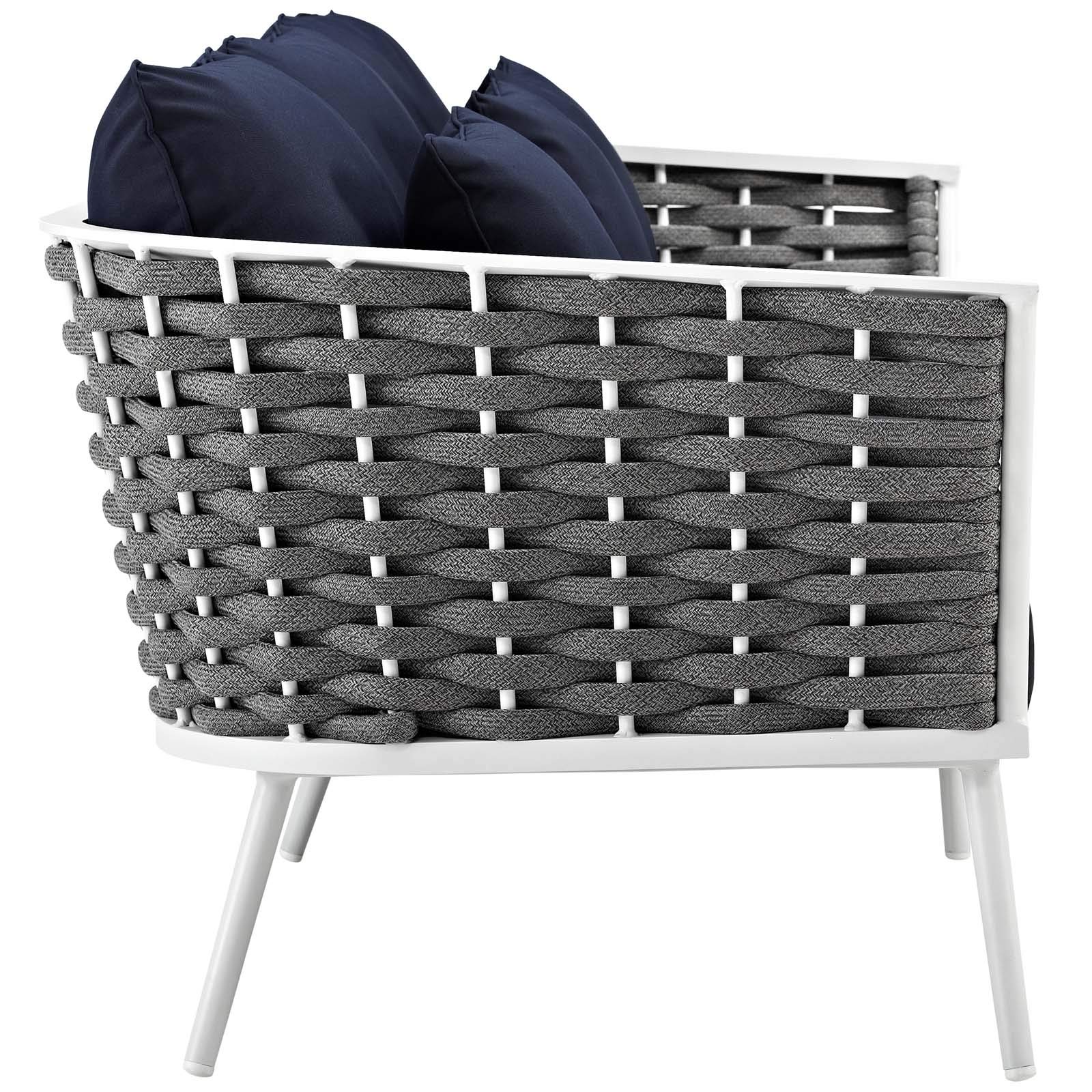 Modern Outdoor Patio Furniture Set - Aluminum Lounge Chair & Sofa with Navy Fabric Cushions - Perfect for Balcony, Garden, or Poolside Relaxation