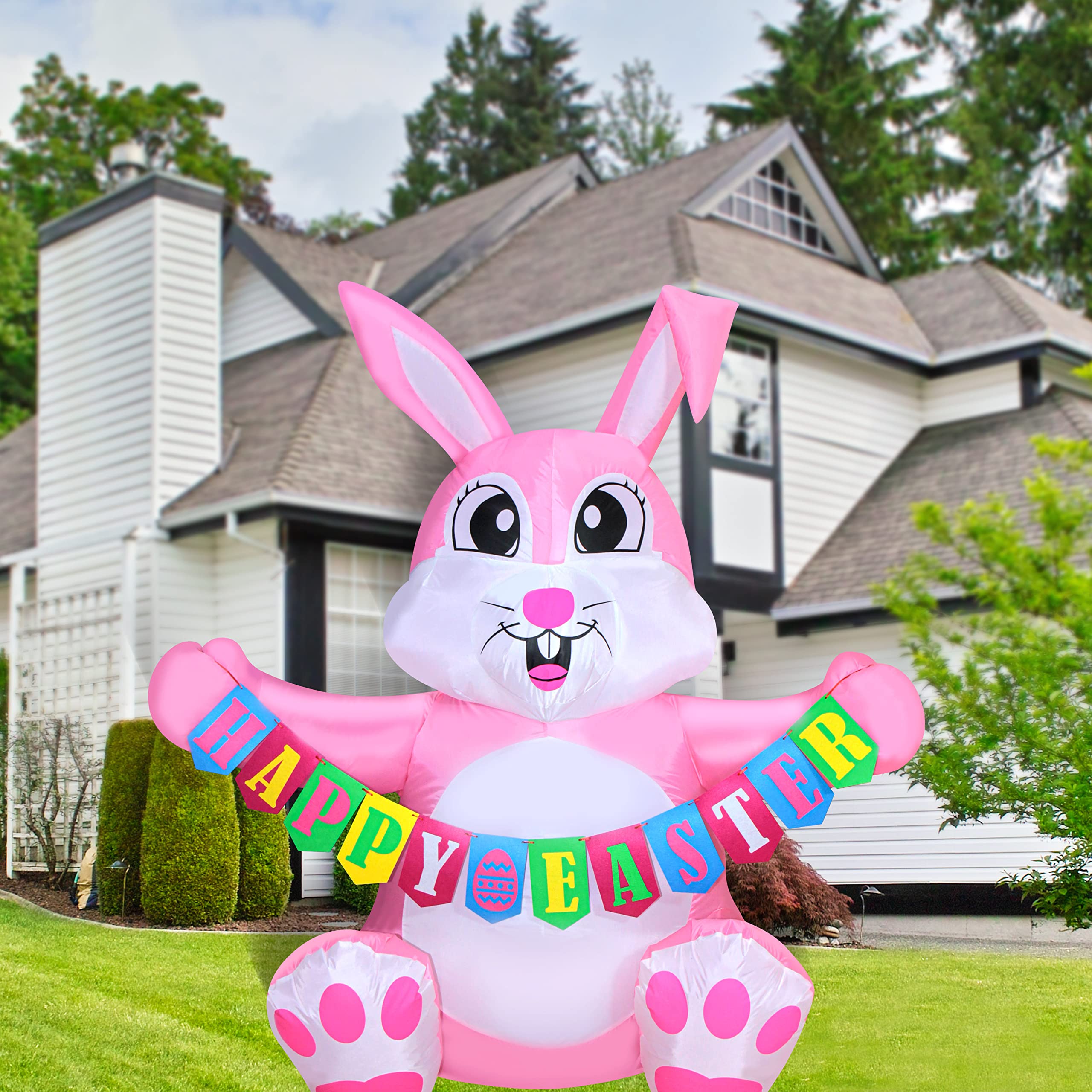 5 FT Pink Easter Bunny Inflatable with LED Lights - Happy Easter Banner Outdoor Decoration for Yard, Garden, Lawn & Front Door | Holiday Party Decor, Spring Festival Decoration, Easter Egg Hunt Display