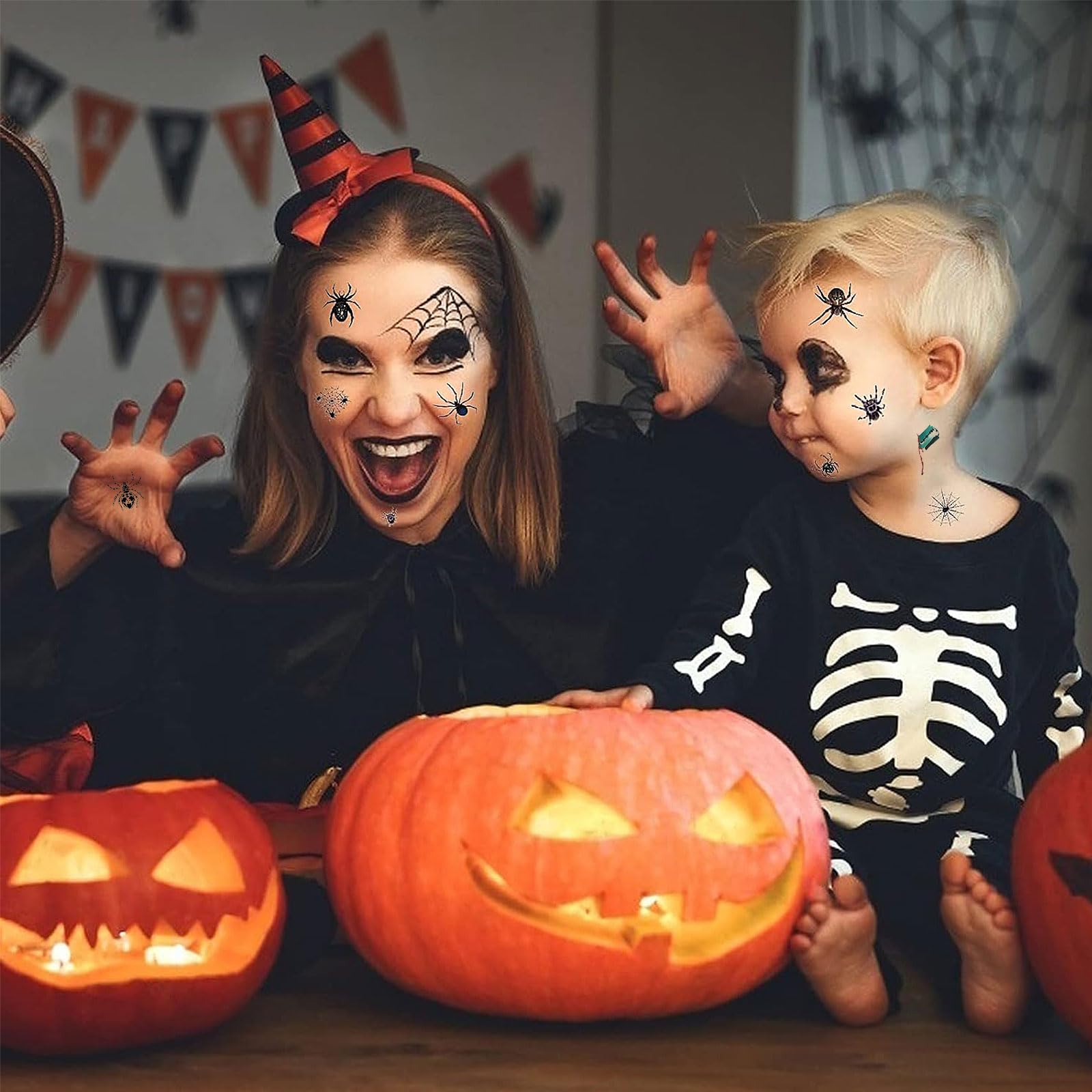 TECHEEL Halloween Temporary Tattoos - Scary Face & Body Tattoos for Halloween, Masquerade, Carnival & Costume Parties - Perfect Gift for Adults & Kids - Great for Cosplay, Themed Events & Spooky Decorations