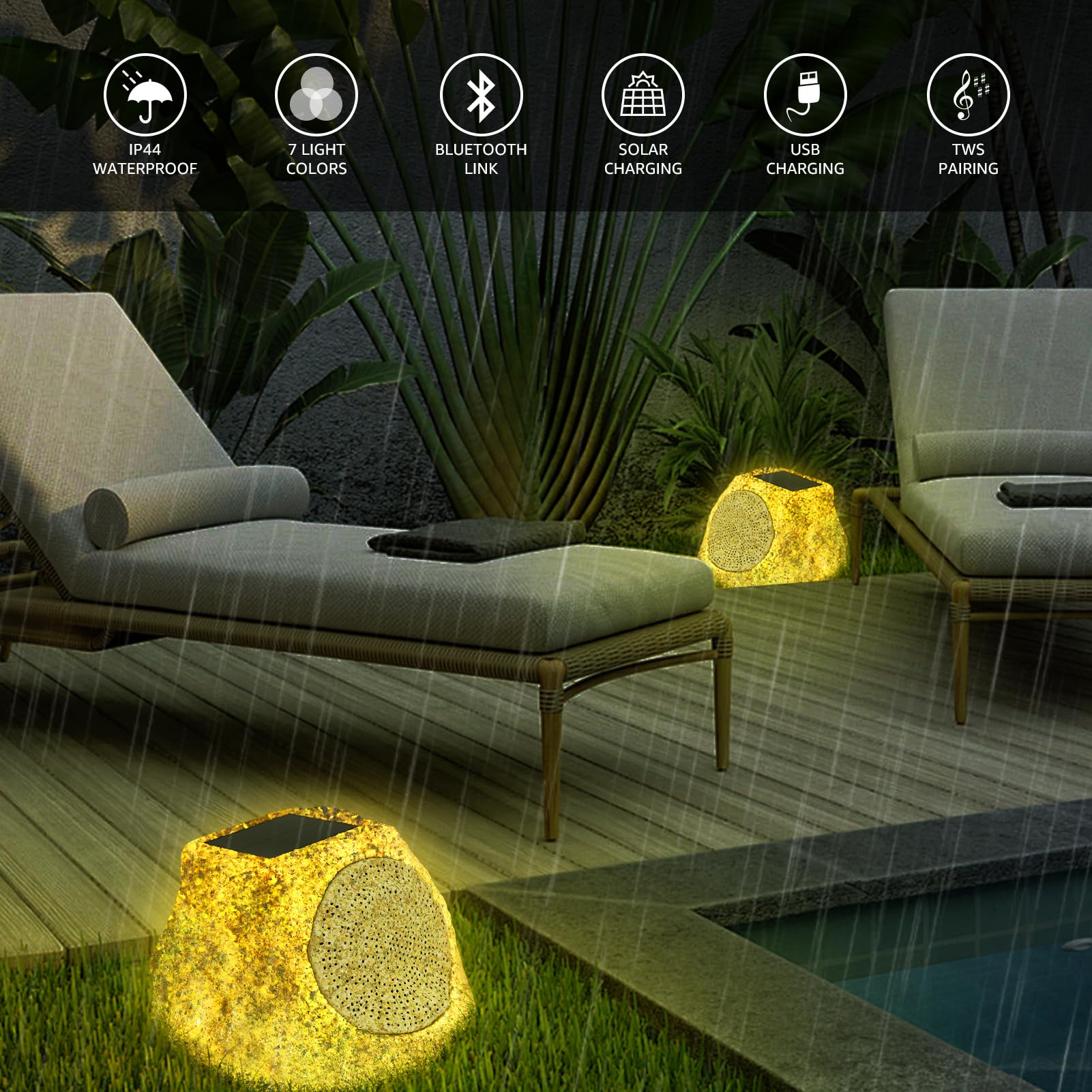 Uuffoo Rock Speaker Outdoor Waterproof Bluetooth 5.0 - Solar & USB Charging, RGB Color Changing Lights (2 Pack) - Perfect for Pool Parties, Beach Trips & Backyard BBQs