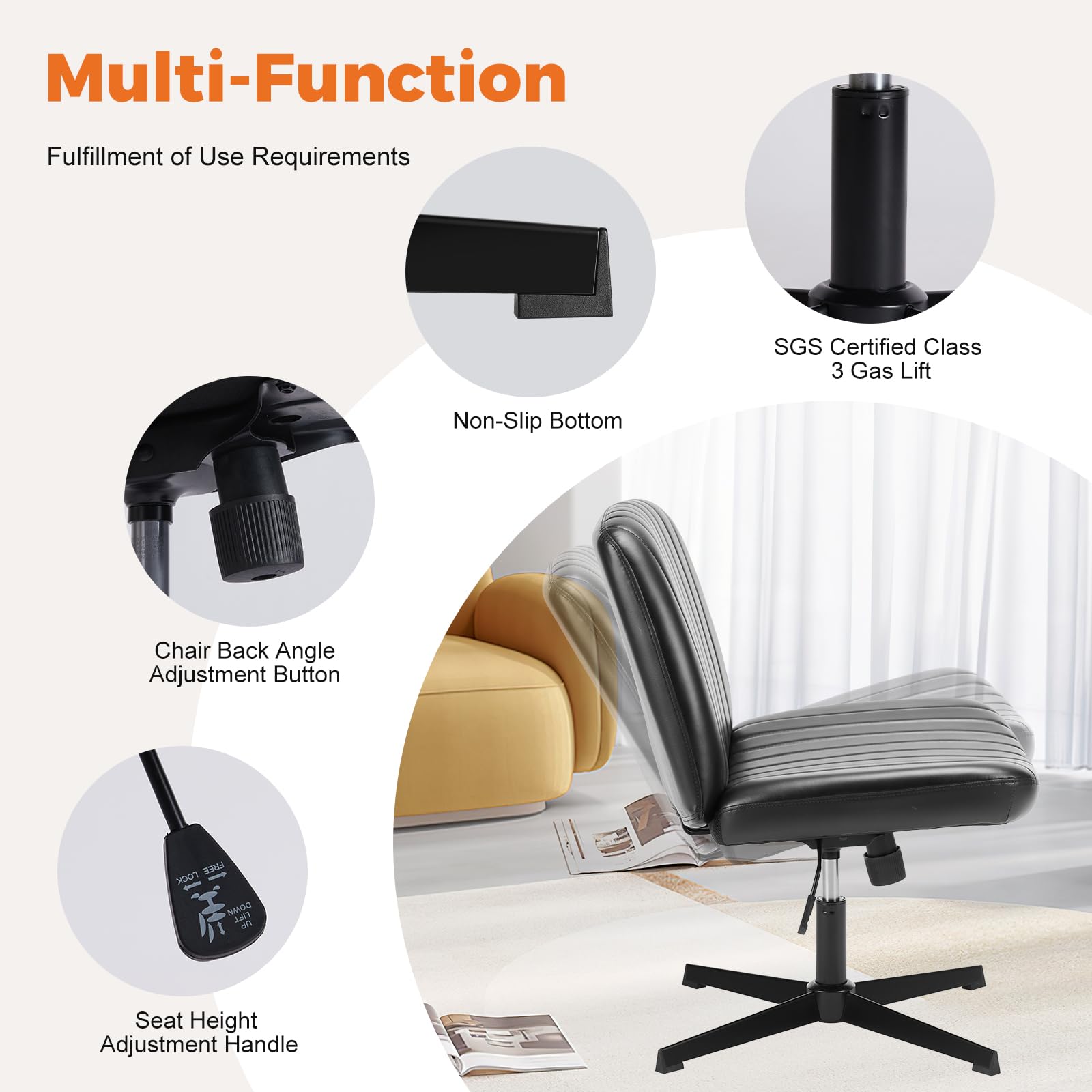 Sweetcrispy Cross Legged Office Chair - Armless Wide Desk Chair Without Wheels, Adjustable Swivel Home & Vanity Chair for Small Spaces | Perfect for Home Office, Study Room & Dressing Table