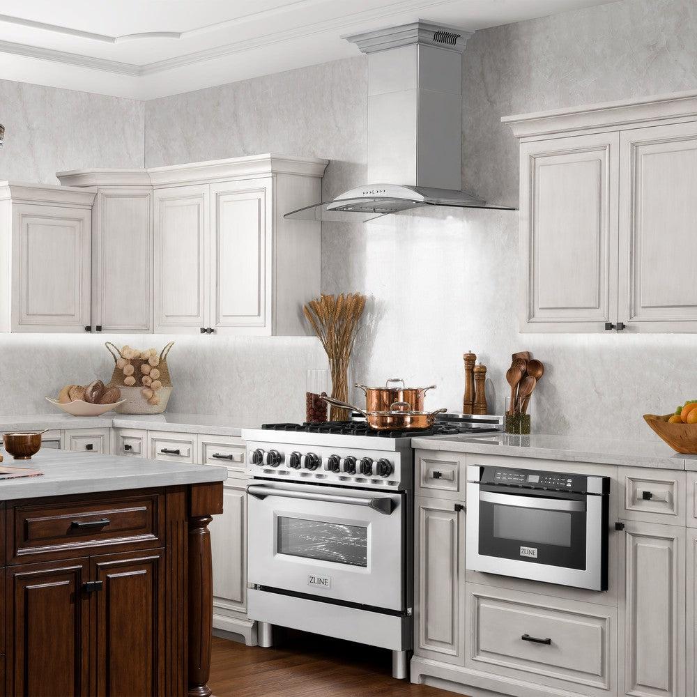 ZLINE KNCRN BT Stainless Steel Wall Mount Range Hood with Ducted Vent & Built-in CrownSound Bluetooth Speakers - Perfect for Modern Kitchens & Open-Concept Homes