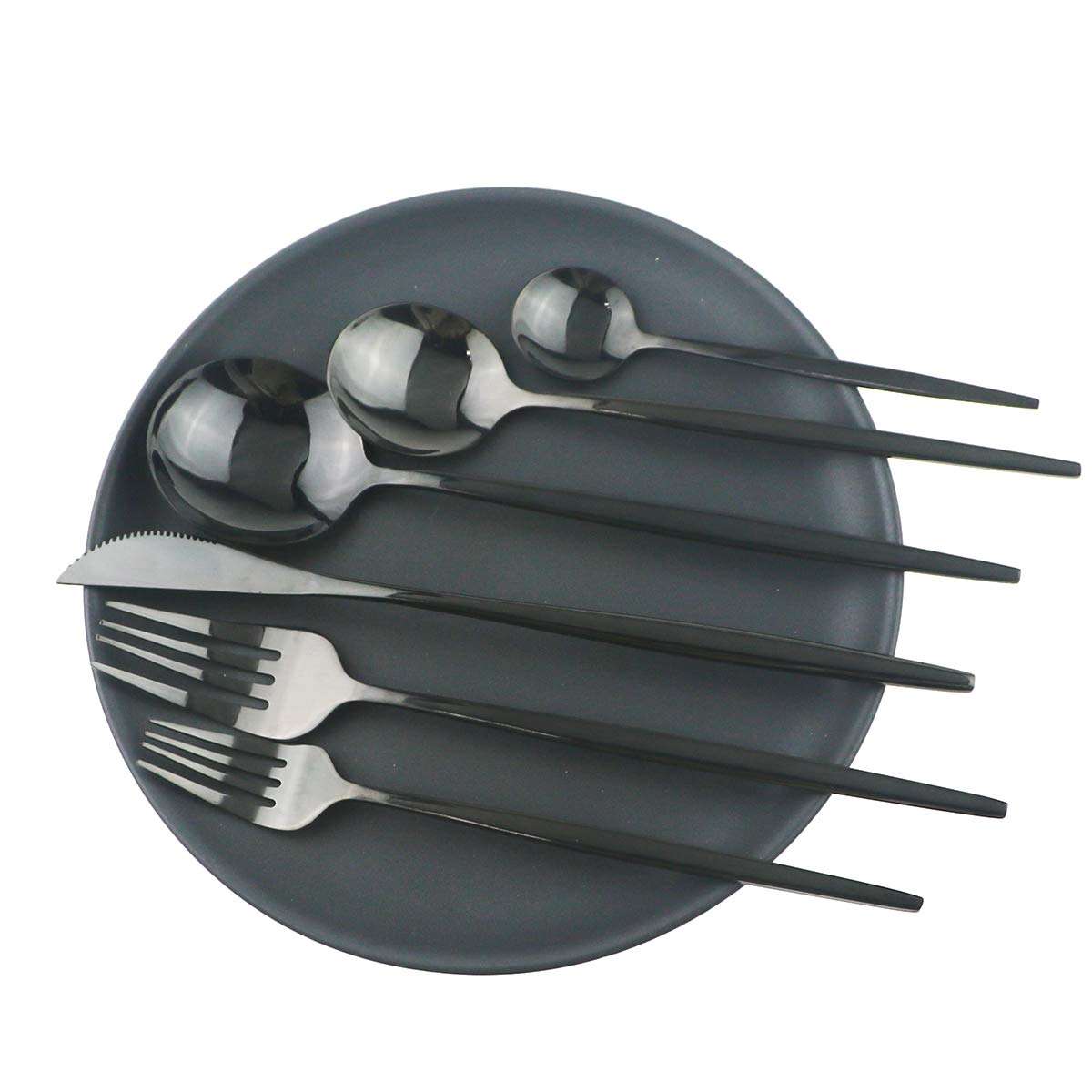 10-Piece Stainless Steel Silverware Set - 304 Mirror Polished Black Flatware Set with Forks, Spoons & Knives - Elegant Curved Design - Dishwasher Safe Tableware for 2 - Perfect for Dinner Parties, Restaurants & Home Use (Black)