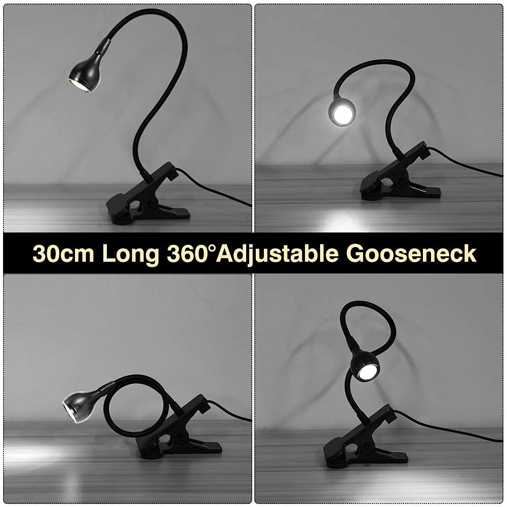 Ymiko USB LED Clip On Book Light - Adjustable Desk Lamp for Reading, Study, Night Light with Battery Port - Perfect for Home, Office, Kids Room (Black & White) | Bedside Reading, Homework, Nightstand Lighting