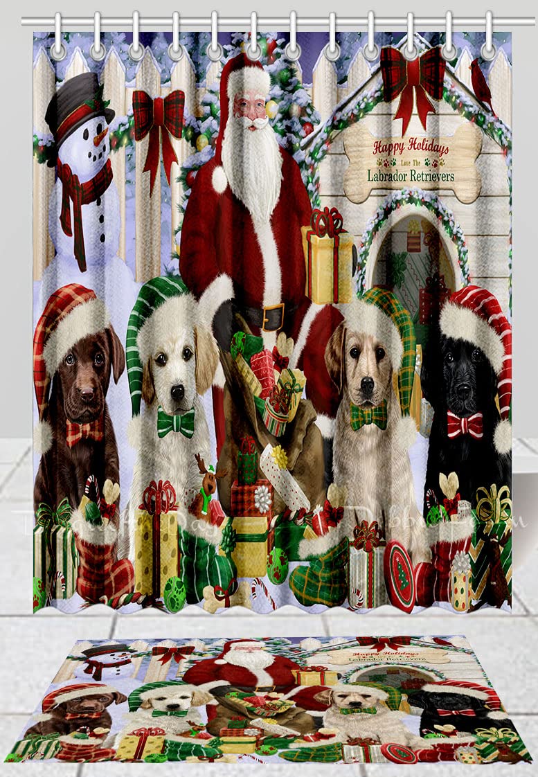 Christmas Themed Labrador Dog Shower Curtain & Bath Mat Set - Waterproof Anti-Slip Bathroom Decor with Hooks (Mat 16