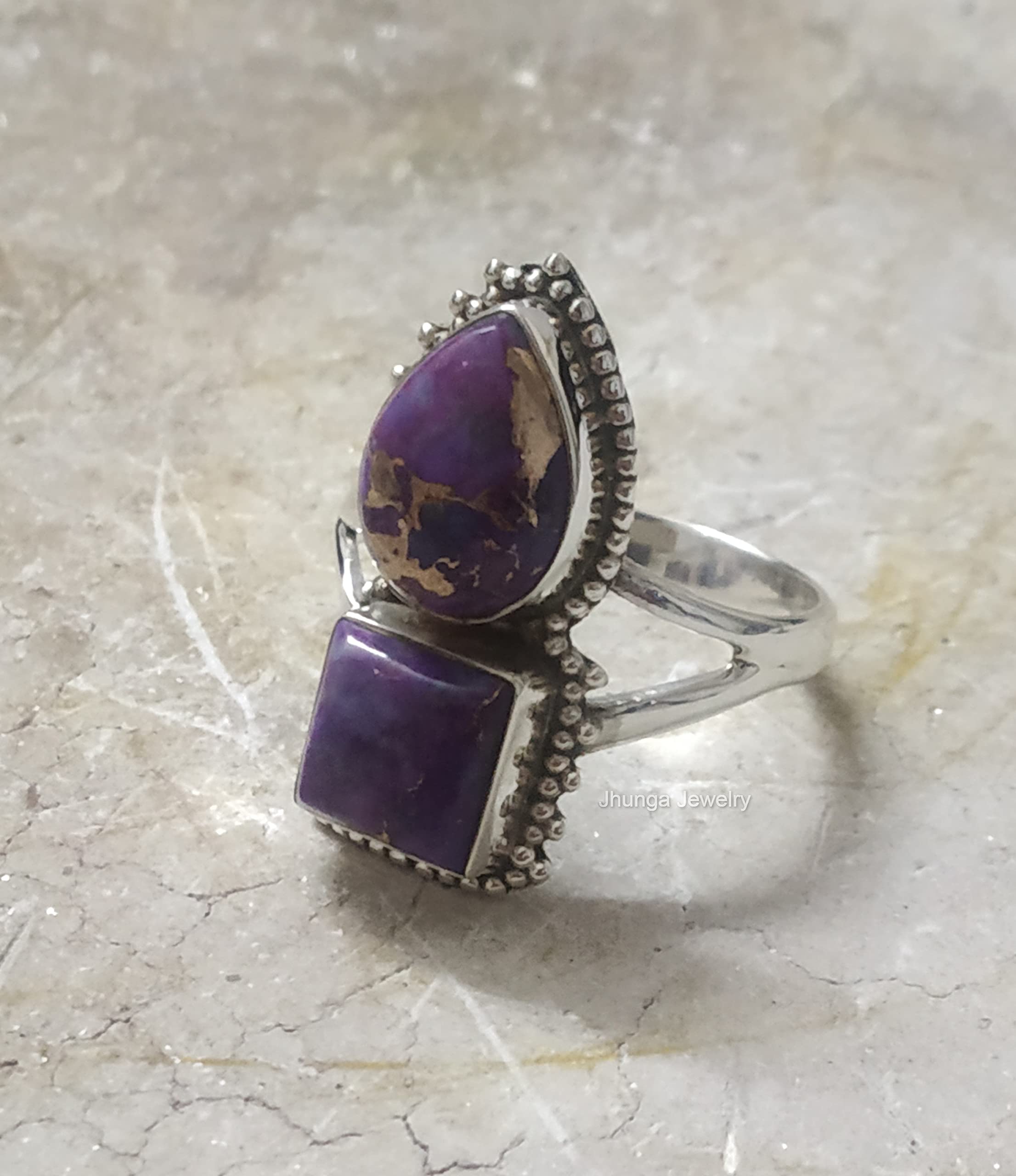 925 Sterling Silver Purple Copper Turquoise Ring - Handmade Boho Hippie Statement Ring with Healing Crystal - Vintage Style Antique Promise Ring for Women | Perfect for Boho Fashion, Spiritual Healing & Unique Gift Giving