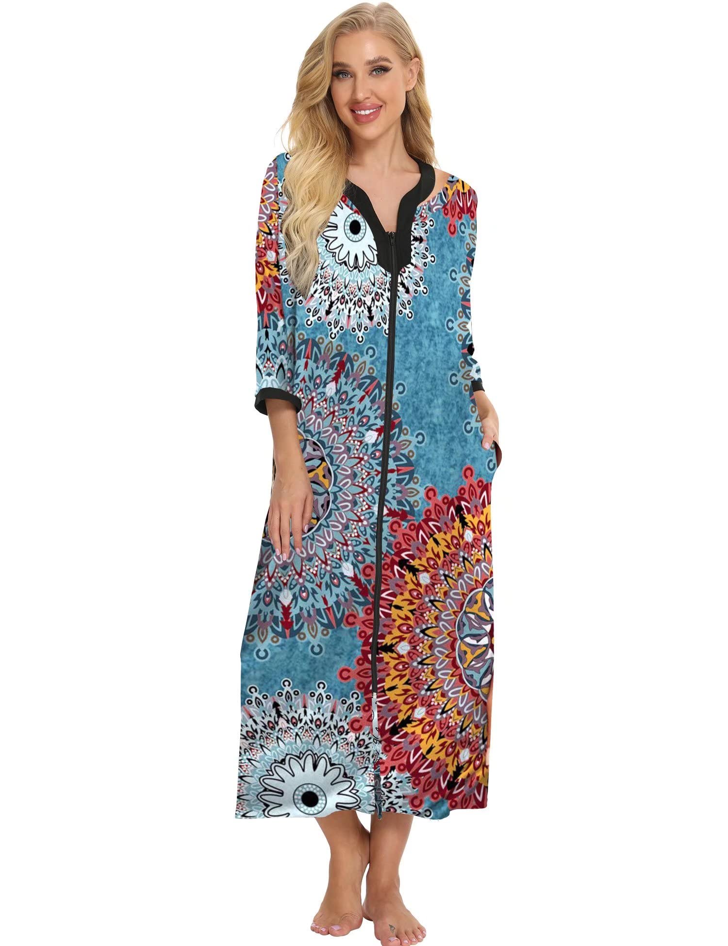 Bloggerlove Women's Zip Up Cotton Robe - Long House Coat with Half Sleeves, Comfy Sleepwear & Nightgown for Lounging, Sleeping & Relaxing at Home