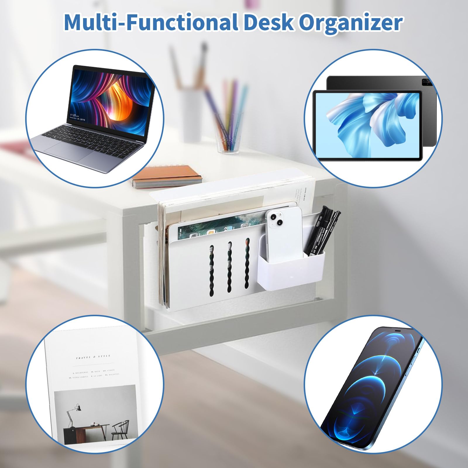 Under Desk Laptop Holder with Anti-Scratch Pad & Magnetic Pen Holder - No Drill Hanging Desk Organizer for Table (Fits 0.3